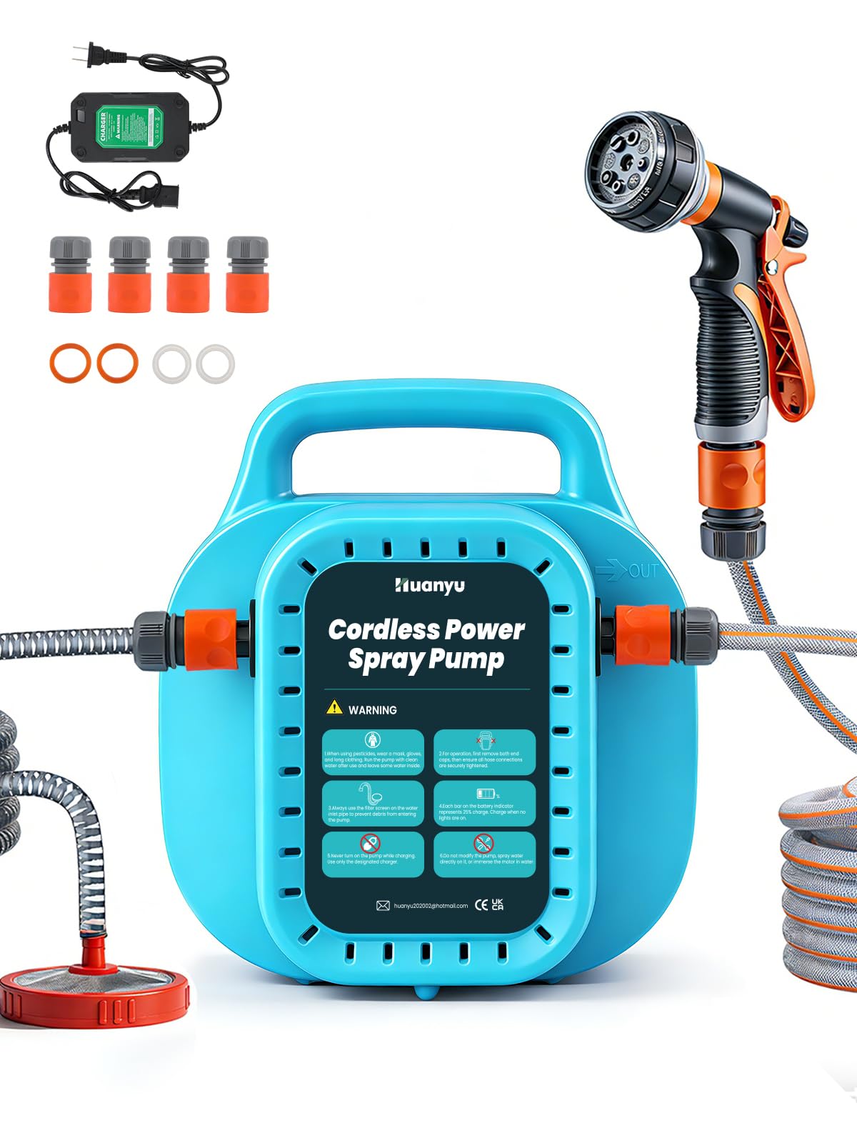 Huanyu Pompa di trasferimento dell'acqua a batteria da 12 Ah con cestello portaoggetti. Pompa elettrica portatile con kit di tubi flessibili lunghi per irrigazione e pulizia