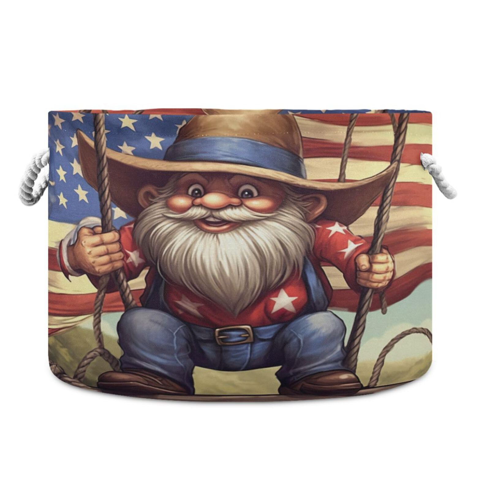 Round American Cowboy Gnome Storage Basket Large Organizer Bin Laundry Hamper Toy Storage Basket with Handle for Nursery Clothes Toys 202b4200