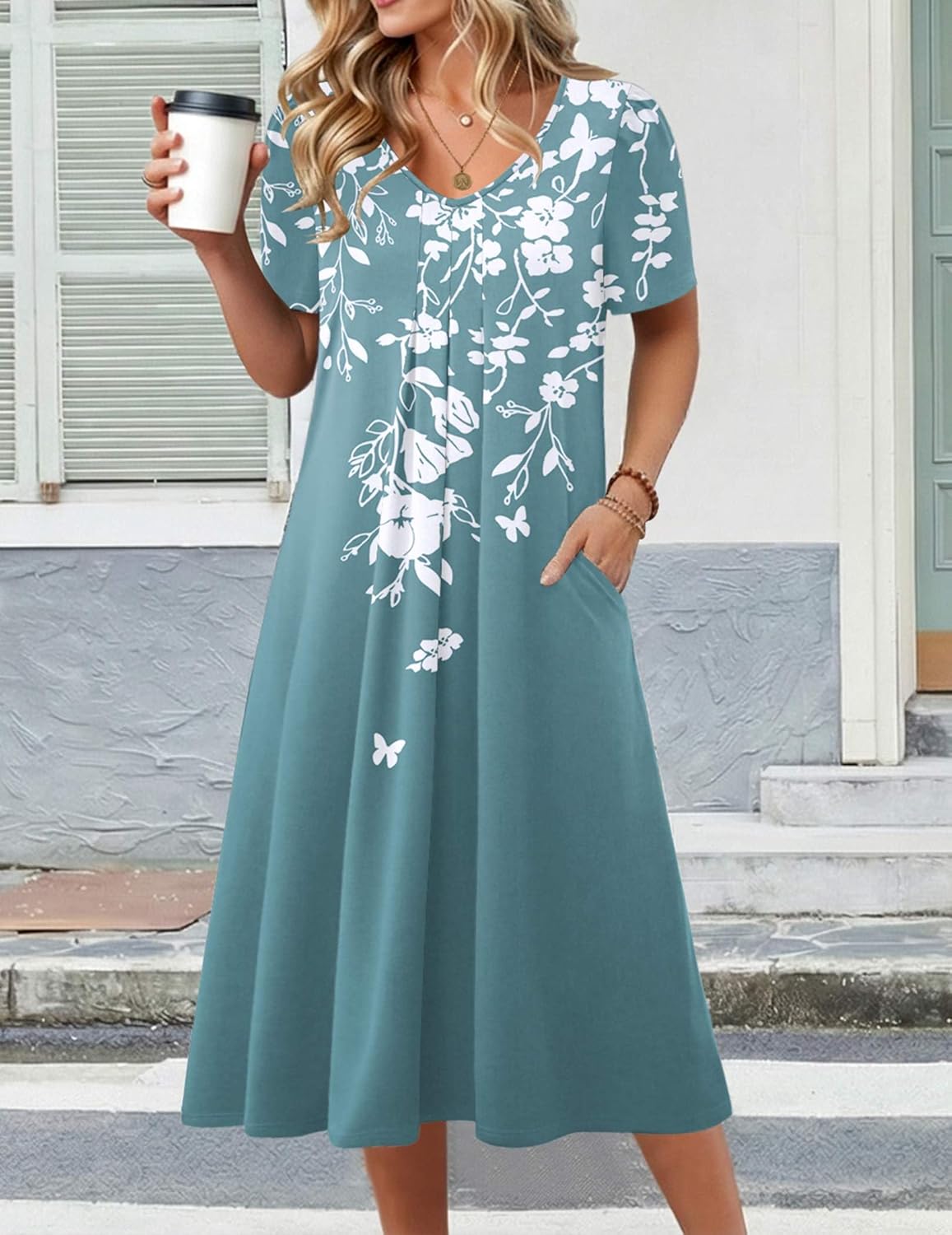 Zeagoo Summer Dress for Women Casual Floral Midi Sundress with Pockets V Neck Pleated Short Sleeve Aline Beach Vacation Dress - Image 2
