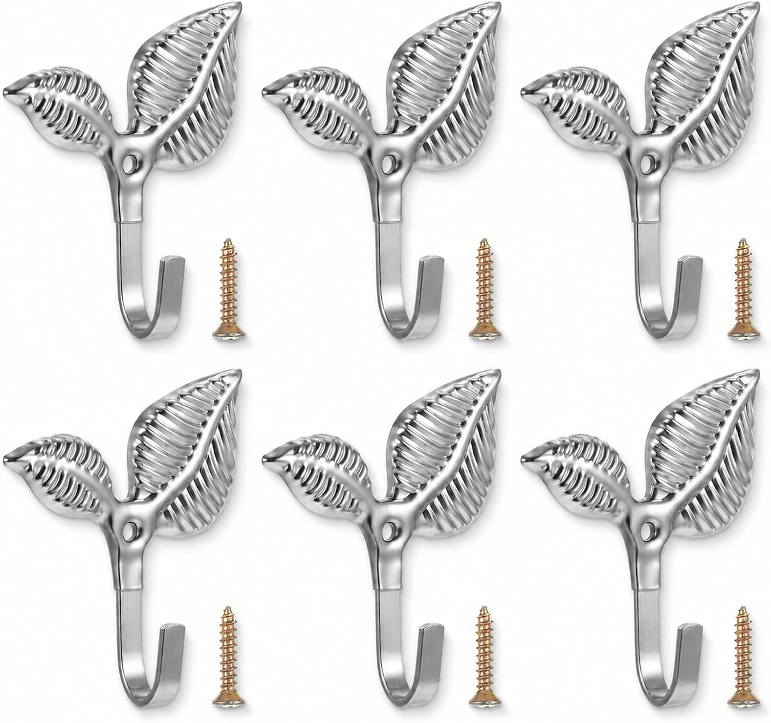 Iron Leaf Wall Hooks 6Pcs, Silver Leaf-Shaped Rustic Single Hook Heavy Duty Decorative Iron Hook Wall Mounted Hangers for Hanging Coat, Key, Bag, Towel, Home Decor for Kitchen Bathroom Entryway