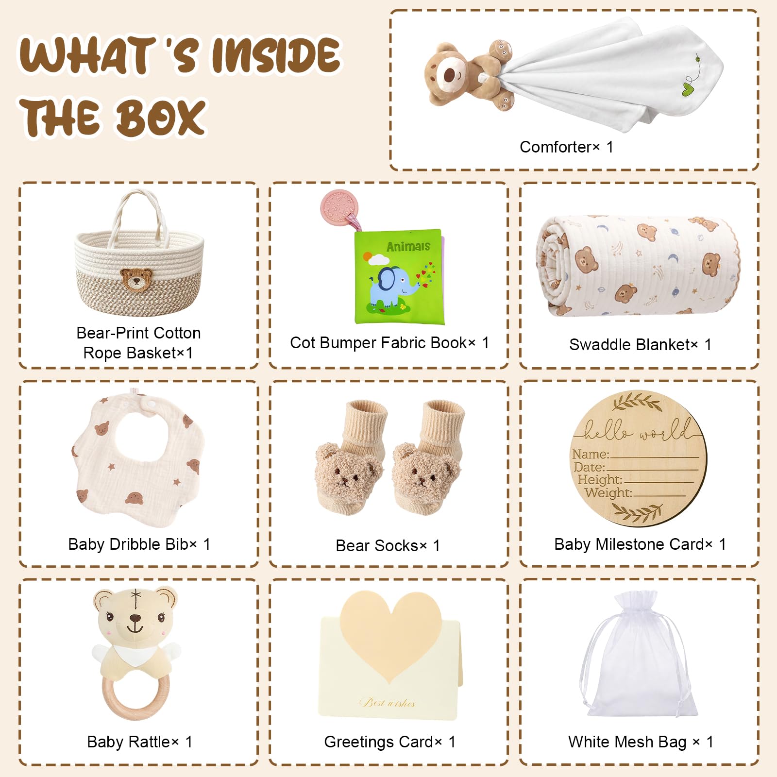 Regalo per neonati, 10 pezzi, grande cesto regalo per neonati, set regalo per bambini/ragazze, libro sensoriale, coperta, calzini fasciatoio, sonaglio, bavaglini, carte miliari