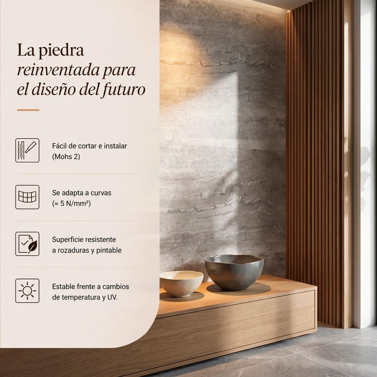 Panel piedra flexible TRAVENTINO GRIS IT-D02 60x120 cm - 3-5 mm ultrafino, ligero, curvable, resistente, interior y exterior, sin obra, textura real x4 uds acabado premium.
