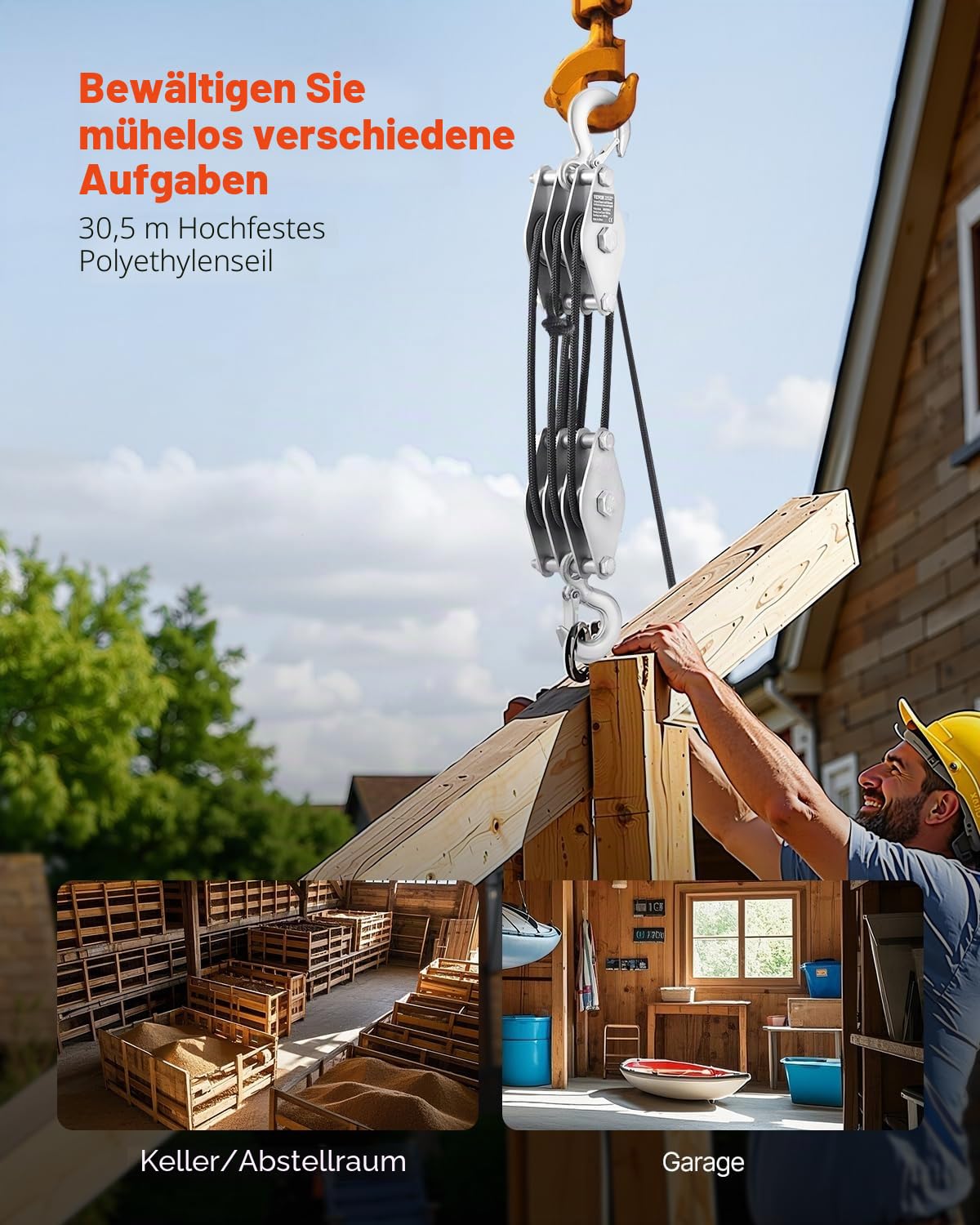 VEVOR Flaschenzug mit 2 T Bruchfestigkeit, 30 m, 5:1 Hubkraft, Hochleistungs-Seilzug mit 2 weichen Schlaufen, Metallrad-Lagerstruktur, Umlenkrolle Universalseilzug zum Heben schwerer Gegenstände