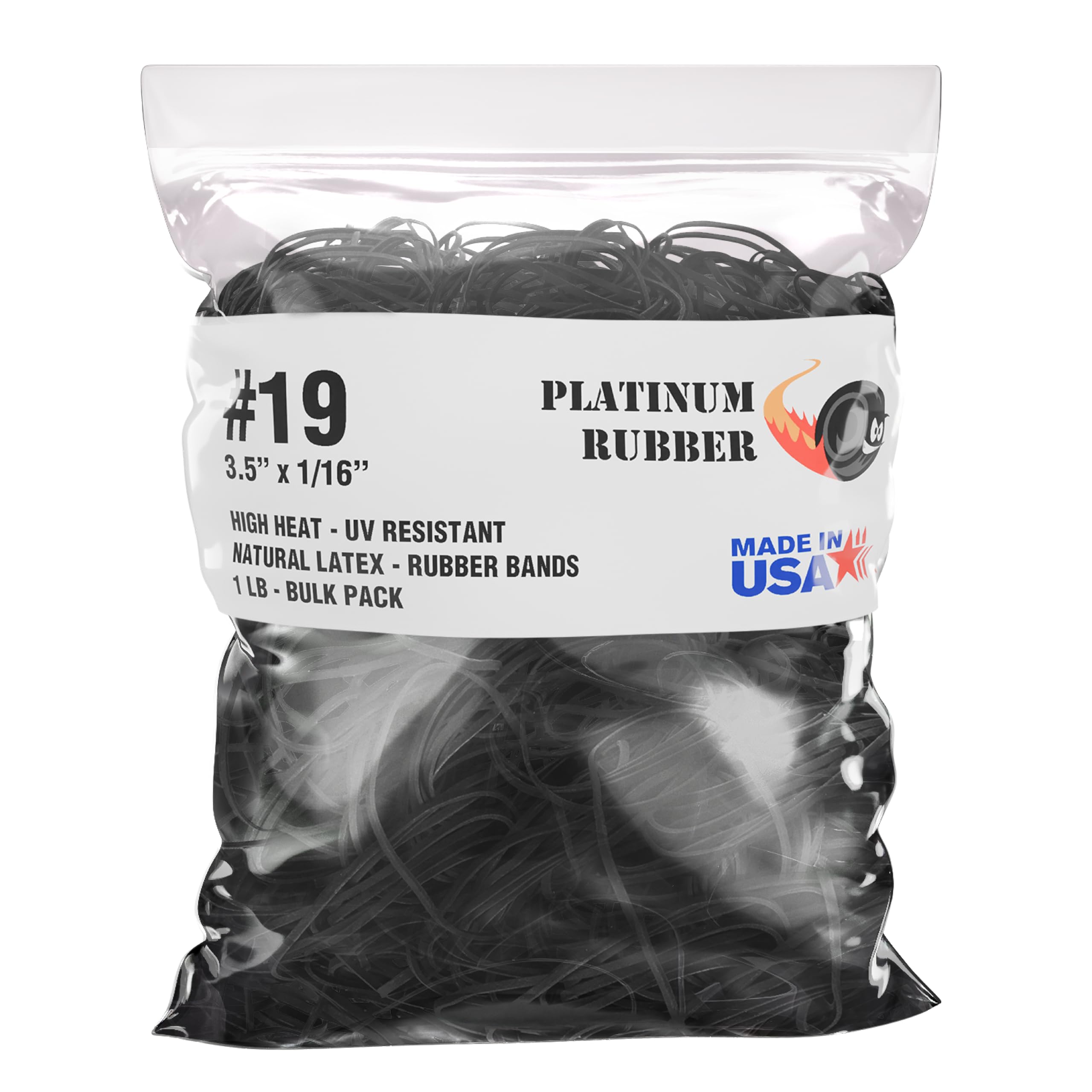 Black #19 Rubber Bands 3.5 Inch Premium Thin Office & Outdoor Rubberbands, Made in USA, High Heat UV Resistant Platinum Crepe Band Approx. 1250 per LB