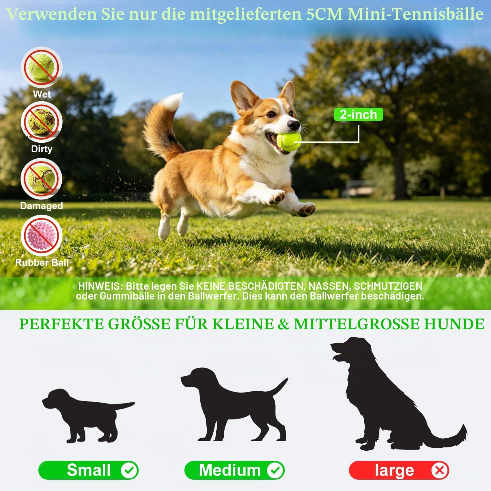 Automatischer Hunde-Ballwerfer für kleine Hunde drinnen draußen | Interaktives Spielzeug 15 Mini-Tennisbällen, 3 einstellbare Wurfweiten (3-9m), wiederaufladbar Blau