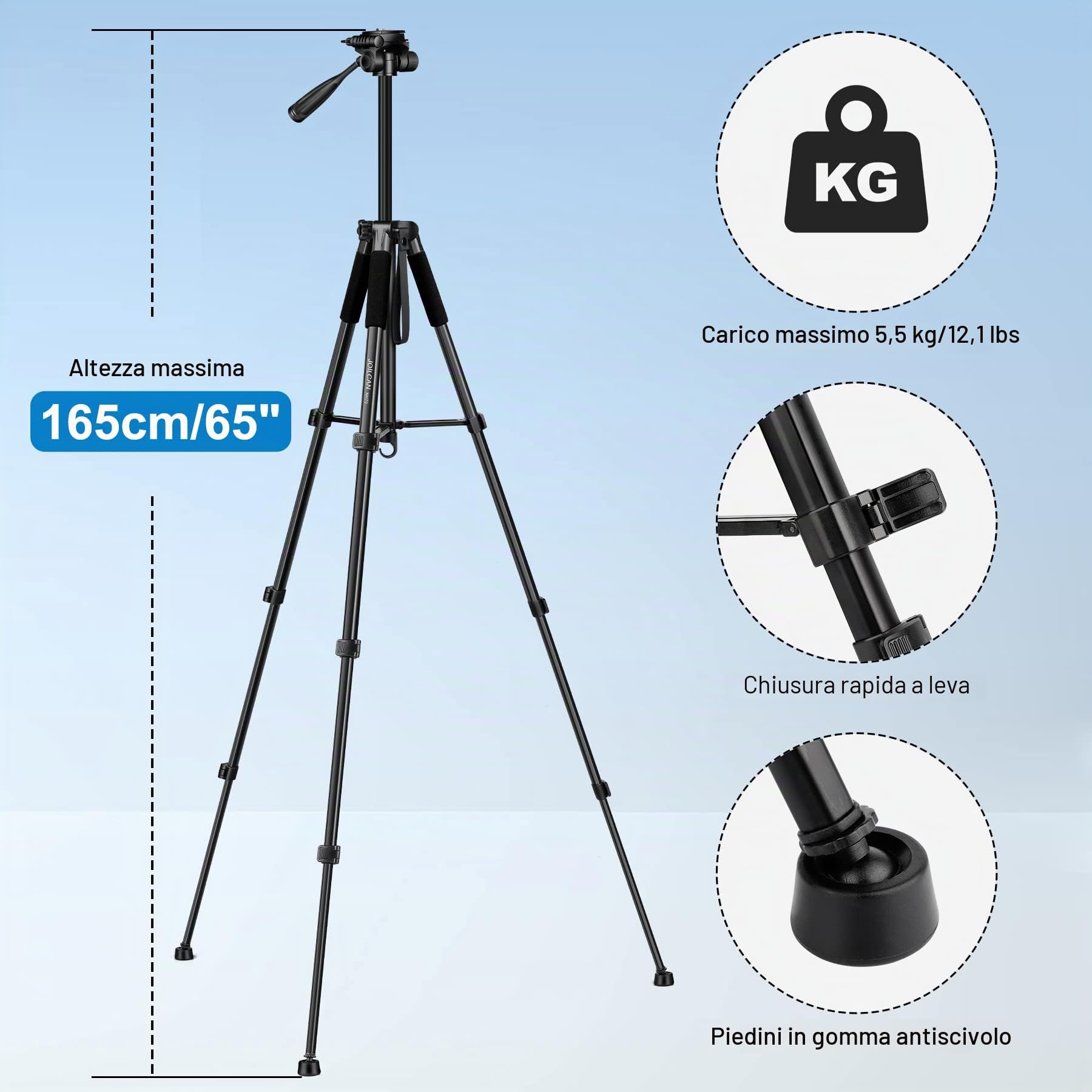 JOILCAN Treppiede Fotocamera 65"/165cm, Treppiedi in Alluminio con Supporto Telefonico & Borsa da Trasporto, Leggero bile Treppiede per Canon/Nikon/Sony/DSLR/Smartphone, Carico Massimo 5,5 kg-Nero
