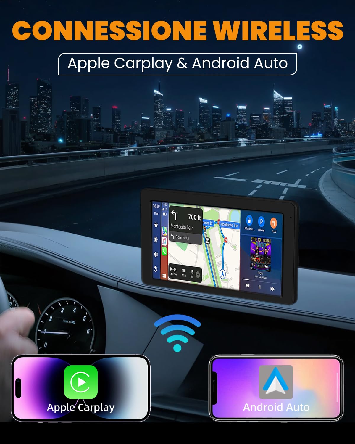 Carplay Auto, 7" Android Auto Wireless, Autoradio Bluetooth con Schermo con Navigazione GPS, Bluetooth 5.2, Controllo Vocale a Mani Libere, Mirror Link, Facile Installazione