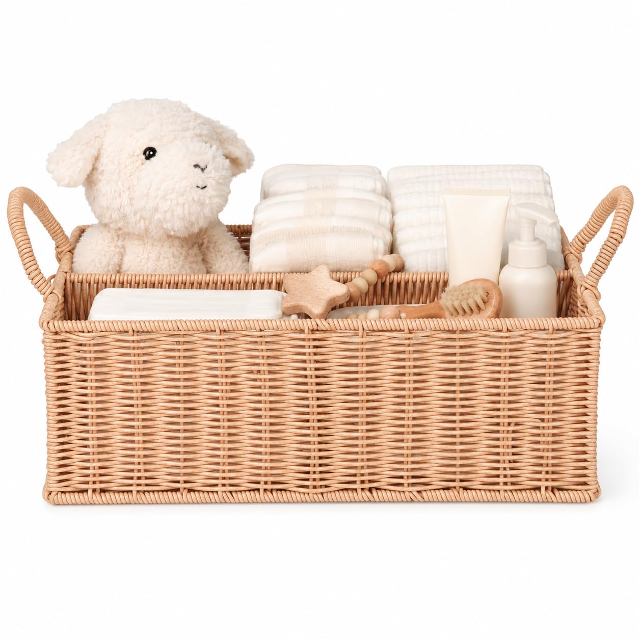 Windel-Caddy Organizer, Hand-Rattan, Babykorb, Wickeltisch-Organizer für Baby-Essentials, Babyparty-Geschenke, vielseitiger Regalkorb, Badezimmer-/Küchen-Organizer (Blush Beige, L)