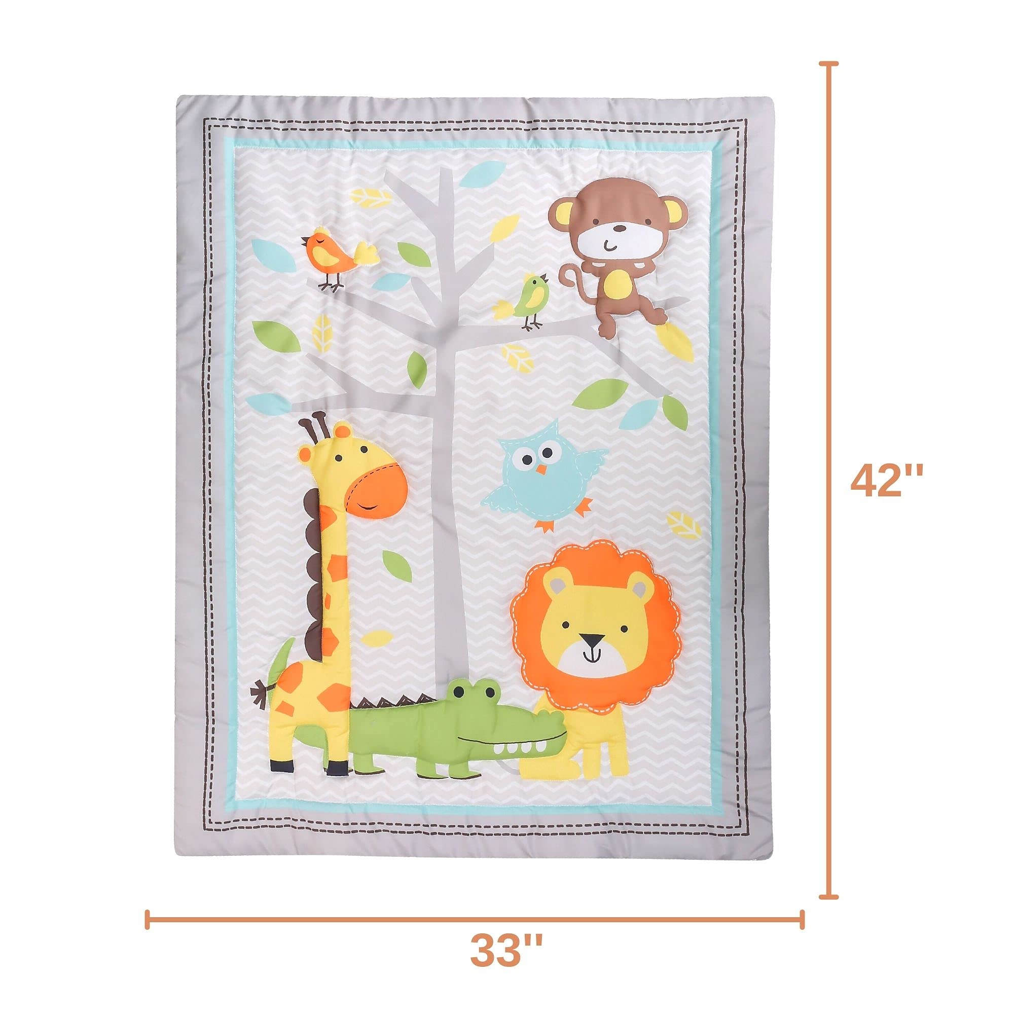 Baby Bees Juego de ropa de cama de cuna de safari de animales de 4 piezas para niños y niñas | Juego de ropa de cama de bebé, sábana de cuna, edredón, volantes antipolvo para cuna de tamaño estándar