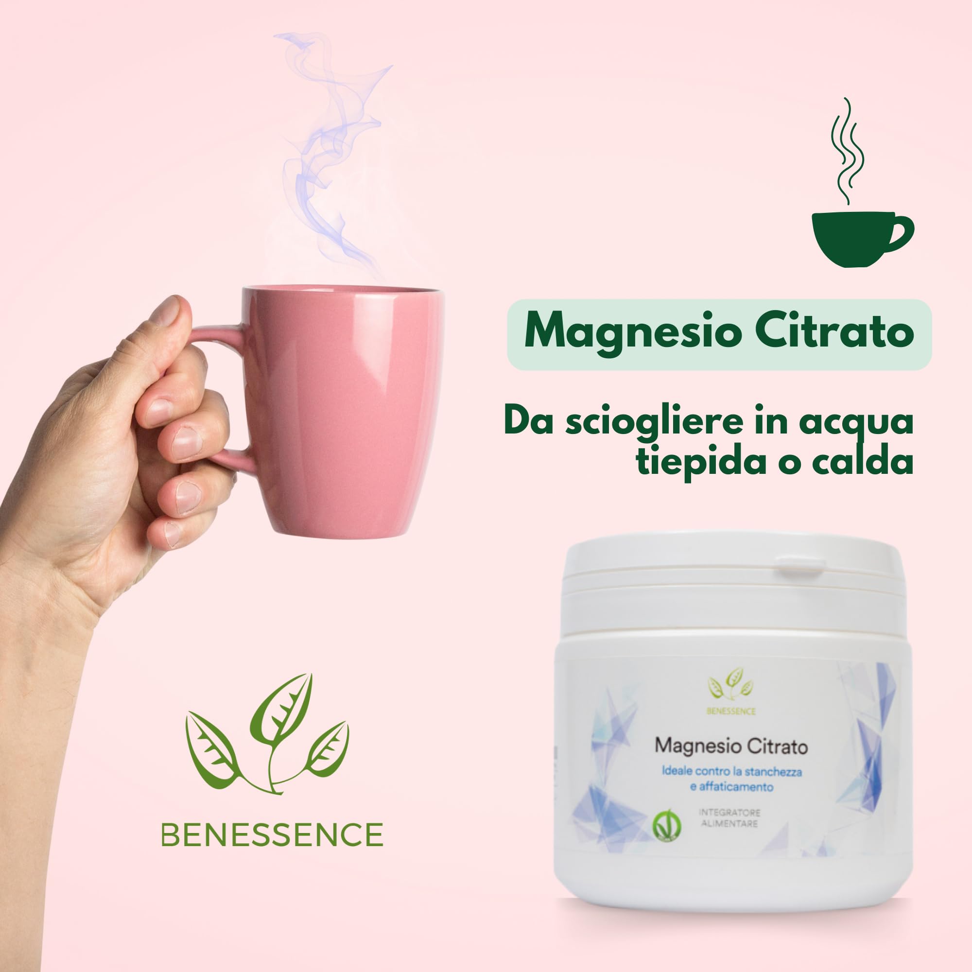 Benessence - Magnesio Citrato in Polvere solubile - 500g - 100 giorni di Integrazione