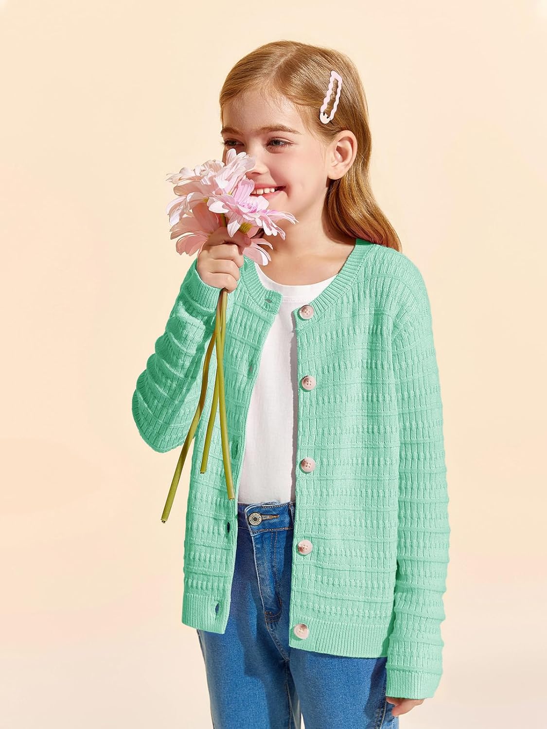 Haloumoning Girls Button Down Cardigan Jackets Kids Long Sleeve Cable Knit Sweaters 5-14 Years - Image 3
