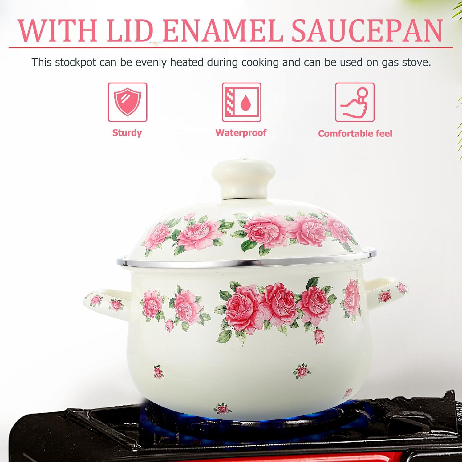 NUOBESTY Enamel Stockpot Double Handle 20cm Pink Rose Pattern Nonstick Thickened Soup Pot Heat-resistant Stew Pot for Stove Top Cooking