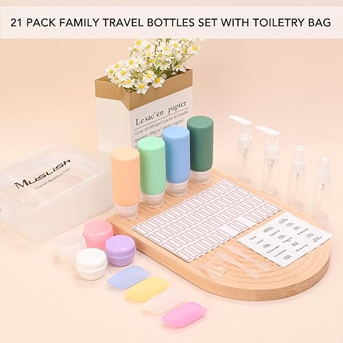 Miniatura 34 de Muslish Paquete de 21 botellas de viaje para artículos de tocador, recipientes de silicona a prueba de fugas que cumplen con la TSA para champú