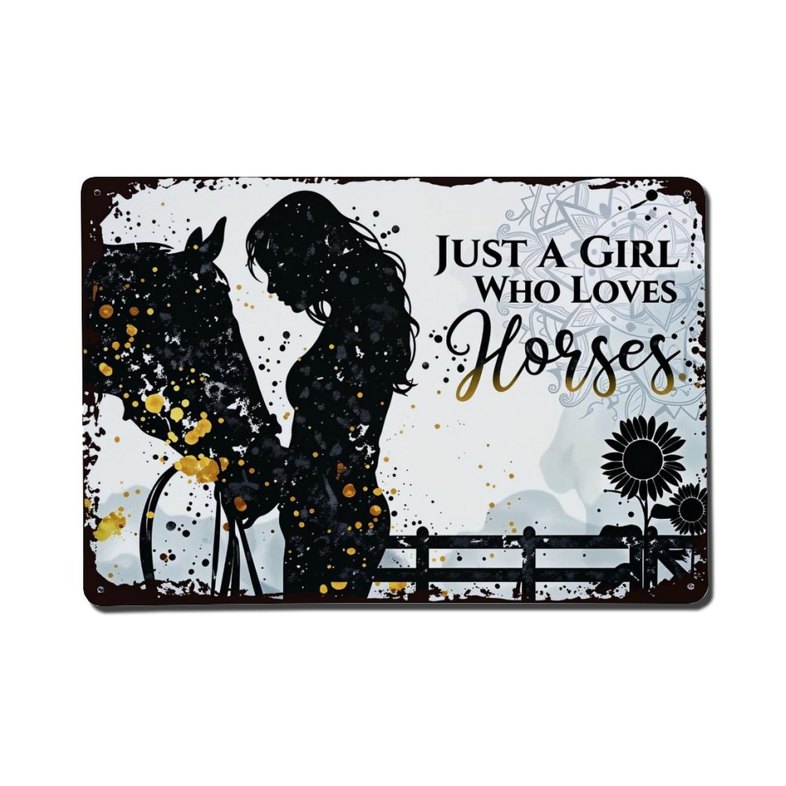 Silhouette Girl Horse Floral Pattern Tin Sign Vintage Metal Poster, Home Bar Garage Man Cave Cafe Indoor & Outdoor Wall Decoration 8x12Inches