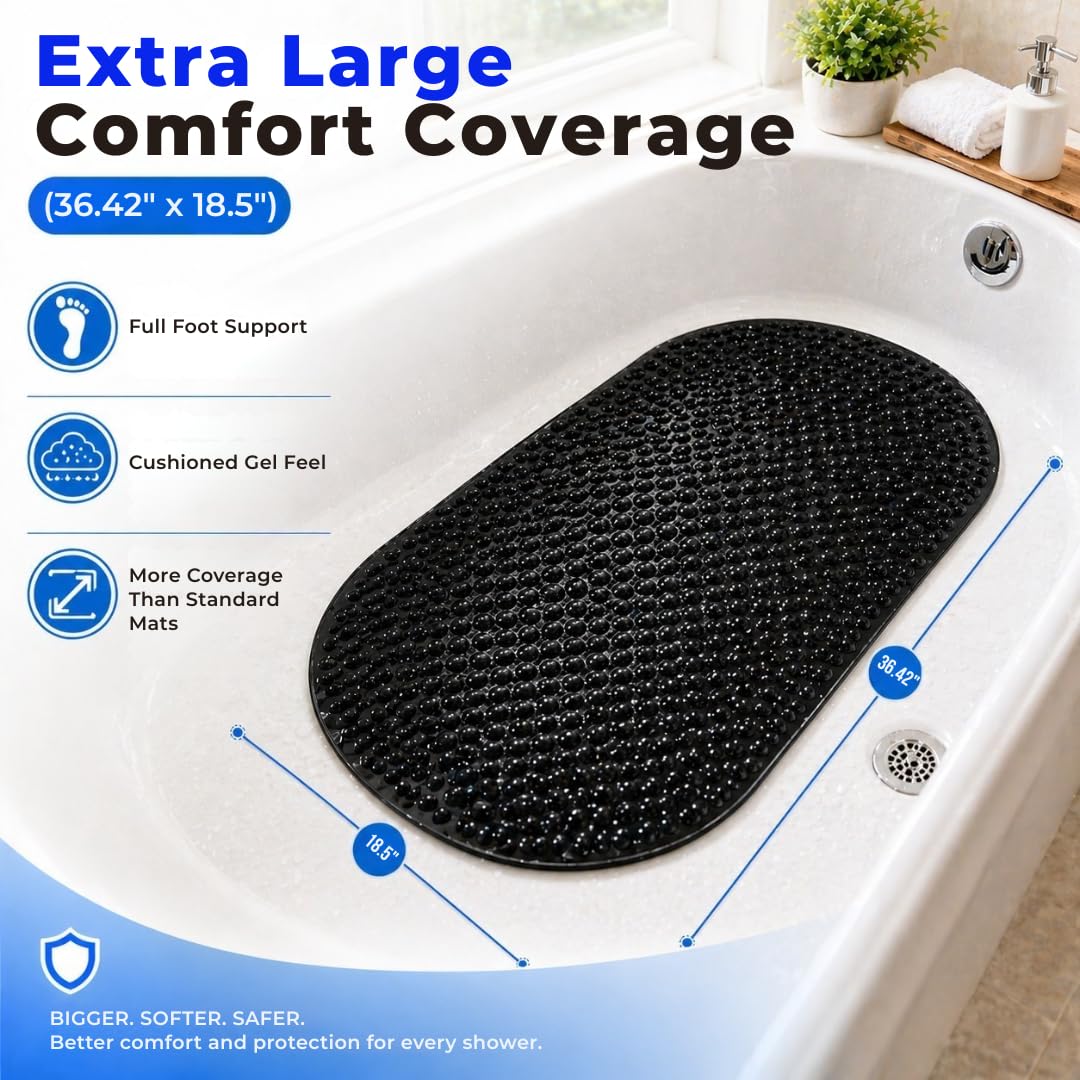 Bath Bliss Jumbo Oval Bath Mat 18x36 Black Color | Non-Slip Aqua Gel Bathtub Mat with Suction Cups | Anti-Slip Shower Safety Mat with Drain Holes