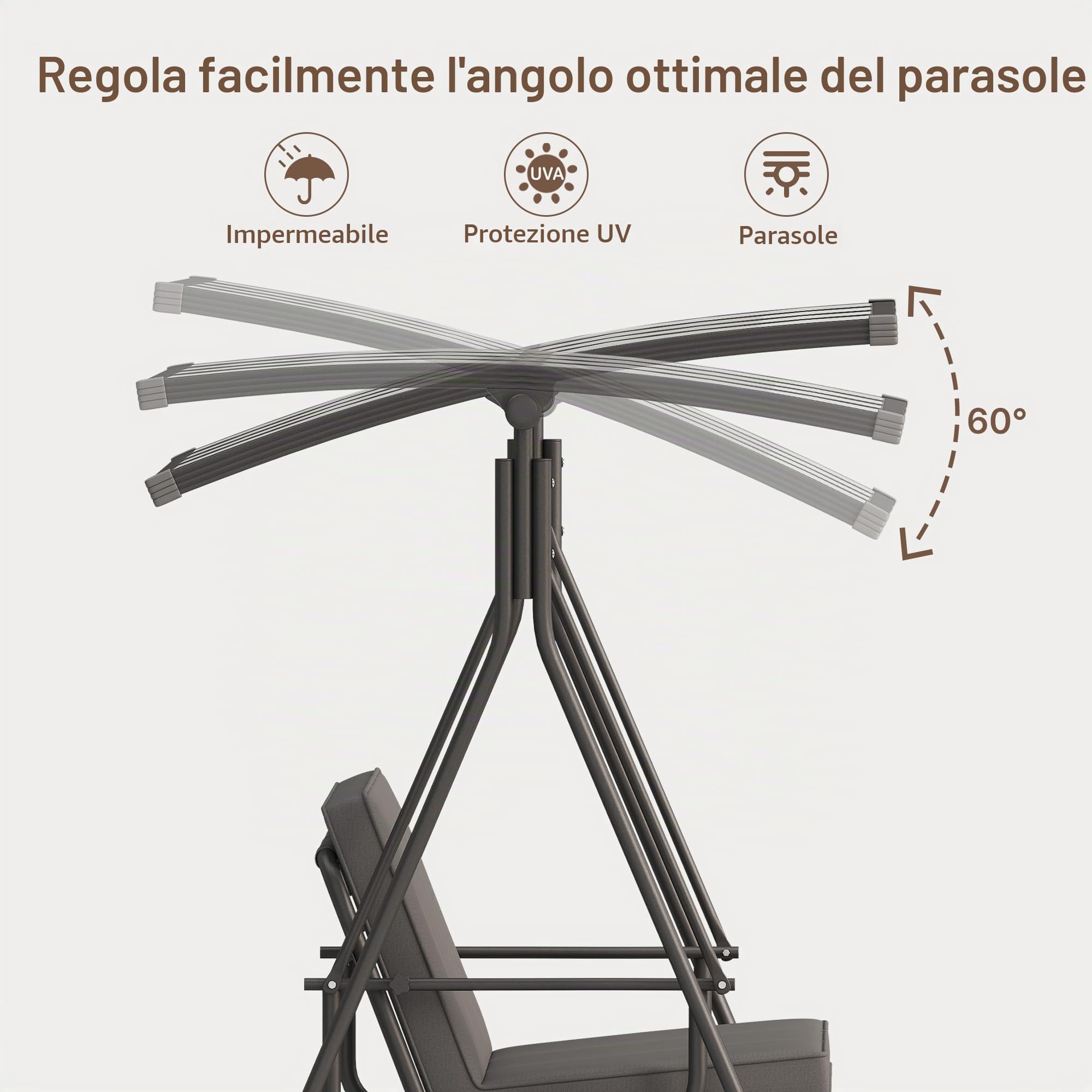 Dondolo da Giardino 3 Posti,Dondolo da Esterno con Tettuccio Parasole Regolabile,Impermeabile, Funzione Inclinabile e Letto, Assemblaggio Semplice, Grigio