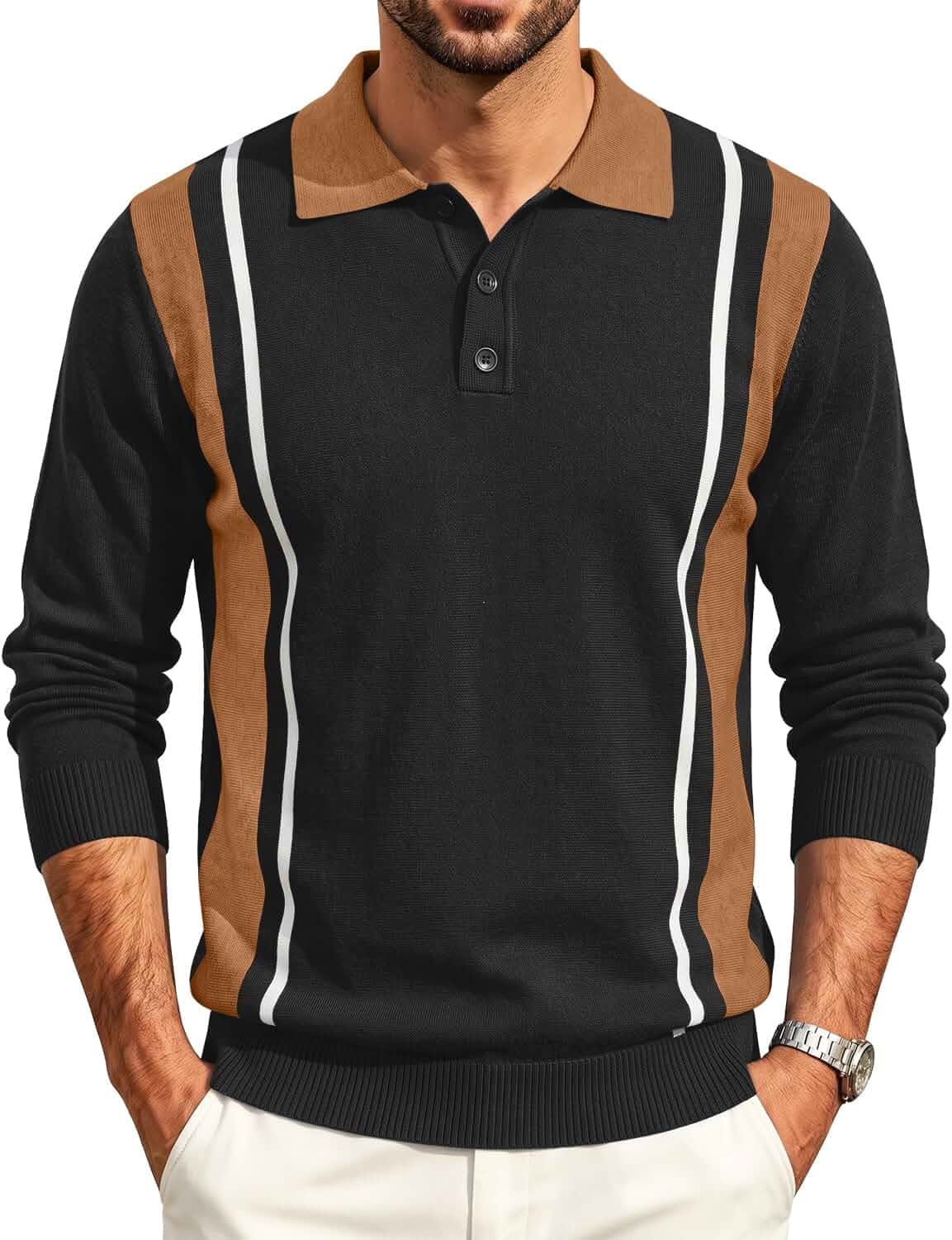 Hardaddy Mens Knit Polo Shirts Long Sleeve Stripe Pullover Sweater Button Polo Sweater,Lightweight,Classic,Fall Winter Fashion,Vintage,Cozy