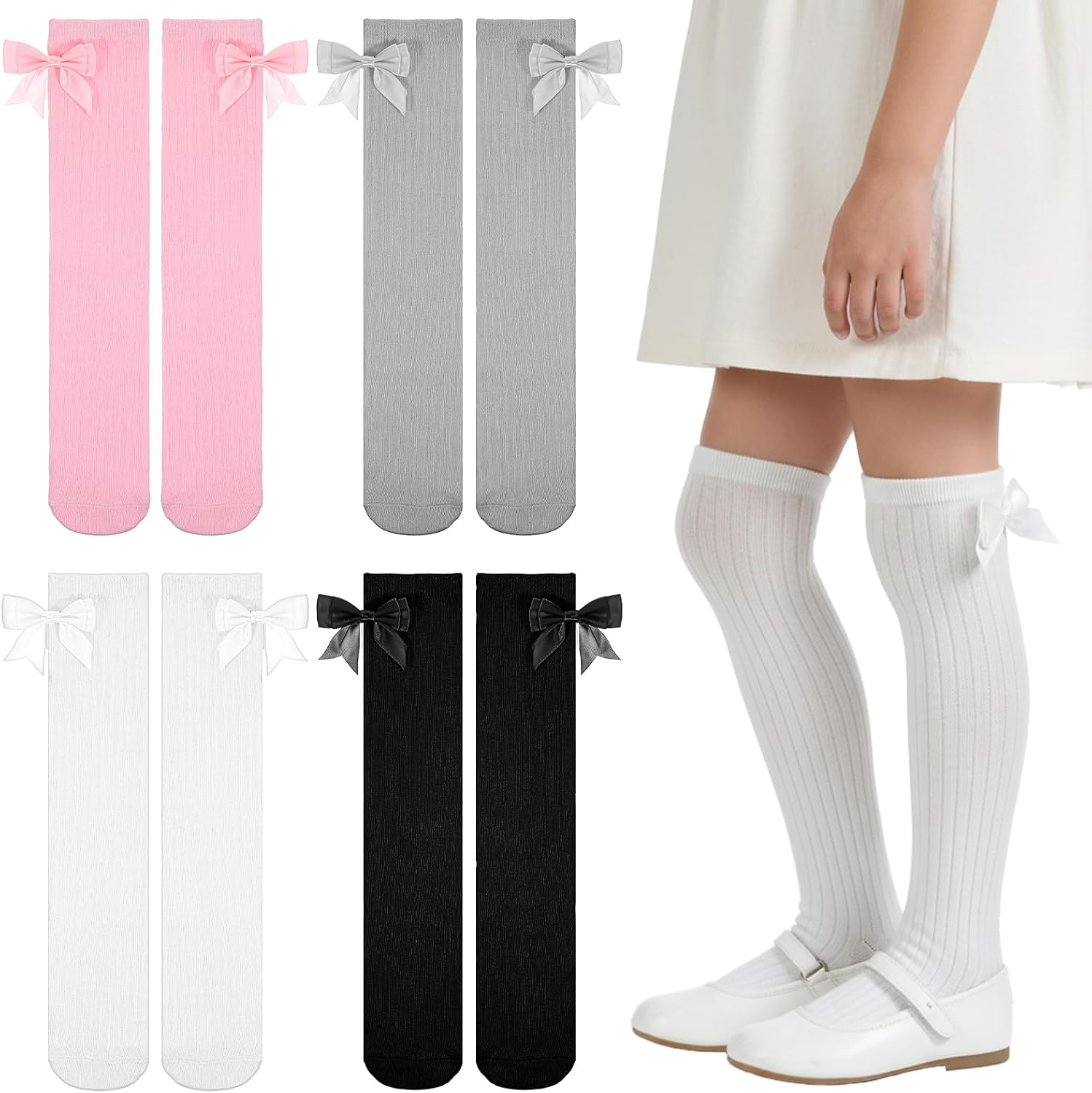 CIATBYYJ 4 Pairs Bow Knee High Socks for Girls, Cute Soft Long Socks Over Calf Stockings School Uniform Dress Sock (6-12Year)