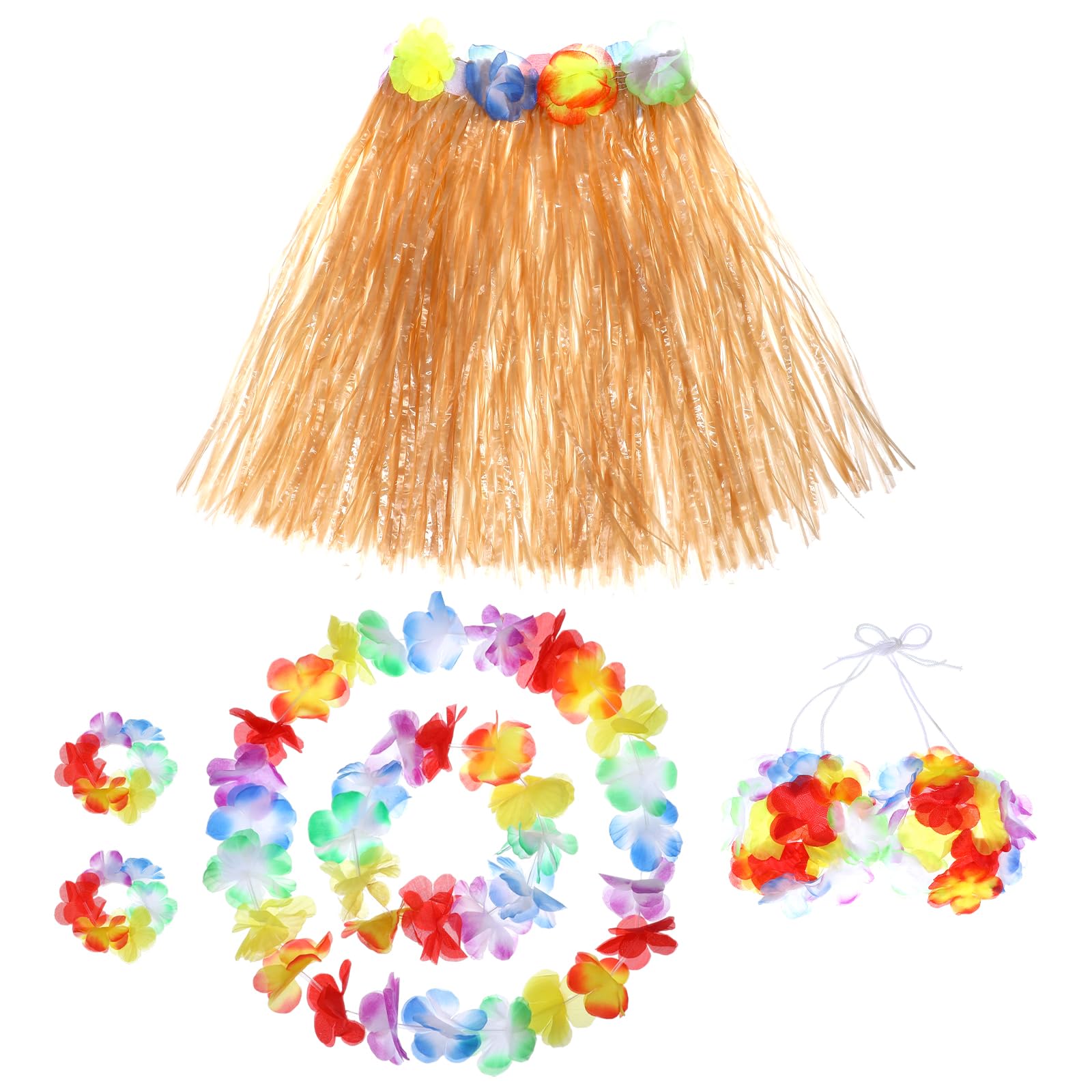 Grevosea Hawaiian Hula Dancer Grass Skirt with Flower Costume Set Birthday Tropical Beach Party Decorations 40cm 6 Pack(Straw Color)