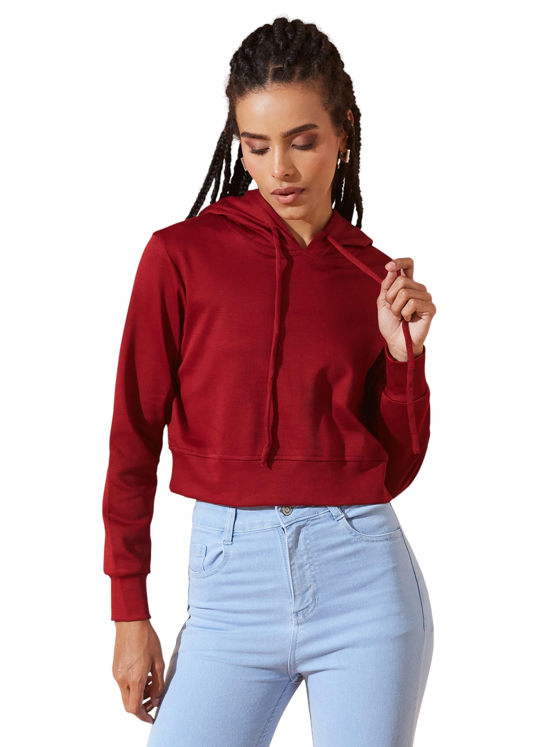 dolce crudo Women's Round Neck Full Sleeve Hooded Boxy Crop Sweatshirt-picture-20