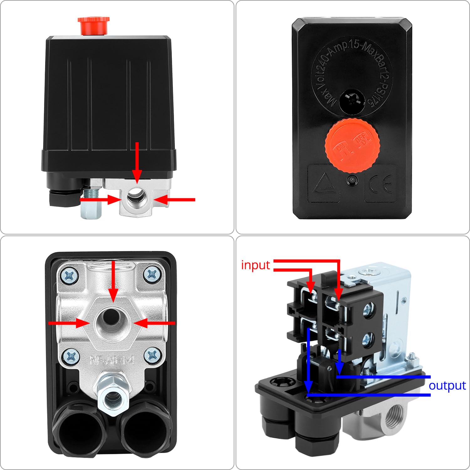 QWORK® 4-drożny przełącznik ciśnienia sprężarki powietrza, przełącznik ciśnienia 220 V, zawór sterujący sprężarki powietrza