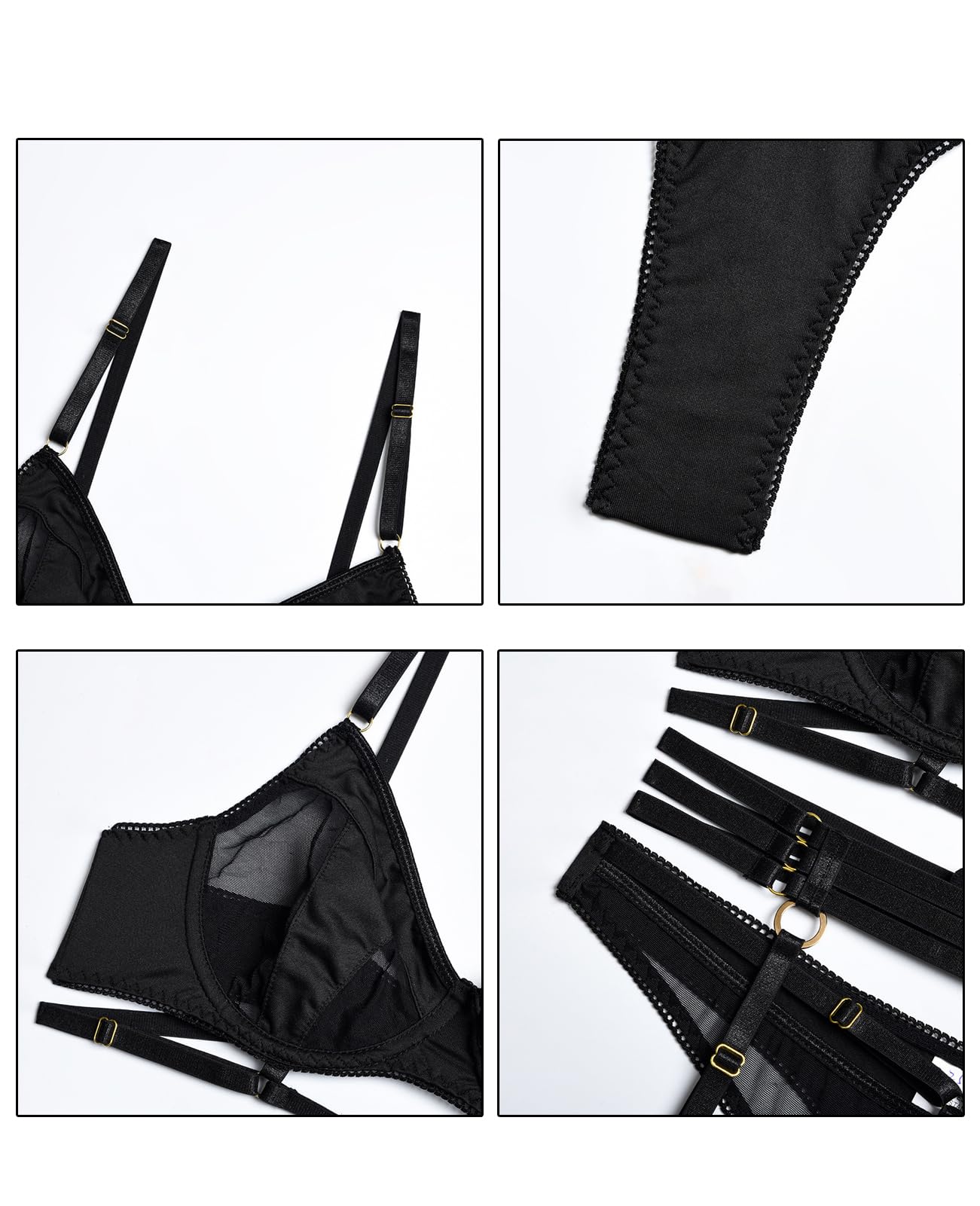Rayson Ensemble de Lingerie Sexy Femme Ajourés avec Porte-Jarretelles, Soutien-Gorge et Culotte avec Poignets sur Les Cuisses