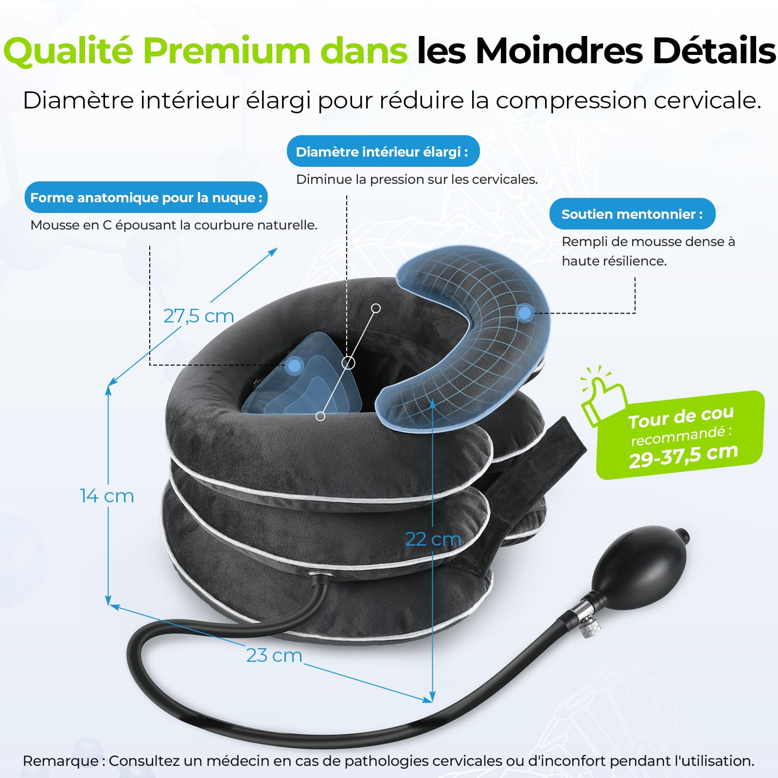 AUVON Coussin de nuque gonflable pour traction cervicale avec design d'étirement à 3 couches et design de soutien du menton, coussin de nuque pour soulager la douleur, soutien du cou pour les
