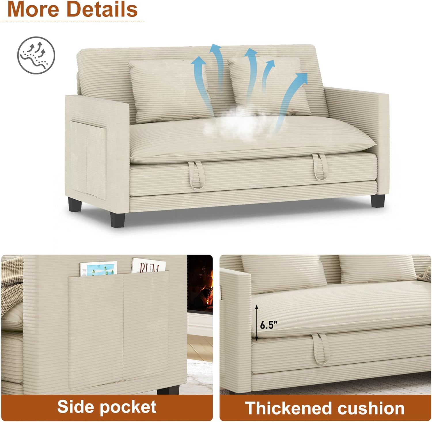 XVD 65 Inch Convertible Loveseat Sleeper Sofa Bed with Storage Pockets & 2 Pillows - 2-in-1 Folding Couch for Small Spaces, Modern Corduroy Loveseat for Apartment, Living Room, Guest Room, Beige | 2-in-1 Convertible, Smart Storage Pocket, Premium Corduroy, Removable Cover, Two Matching Pillows, Deep Seats