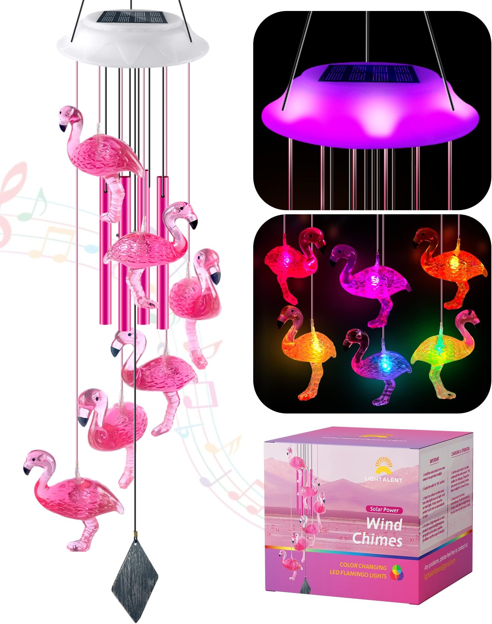 Solar Flamingo Wind Chimes, Flamingo Gifts for Women/mom/her, Glowing Top Changing Colors LED Wind Chimes for Outside, Outdoor Decoration Light for Garden Yard(Pink)