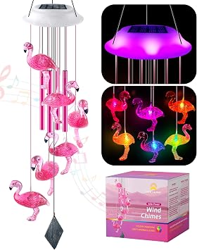 Lightalent Solar Flamingo Wind Chimes, Gifts for Women/mom/her | Glowing Top, Changing Colors LED Wind Chimes for Outside, Outdoor Decoration Light for Garden YardPink
