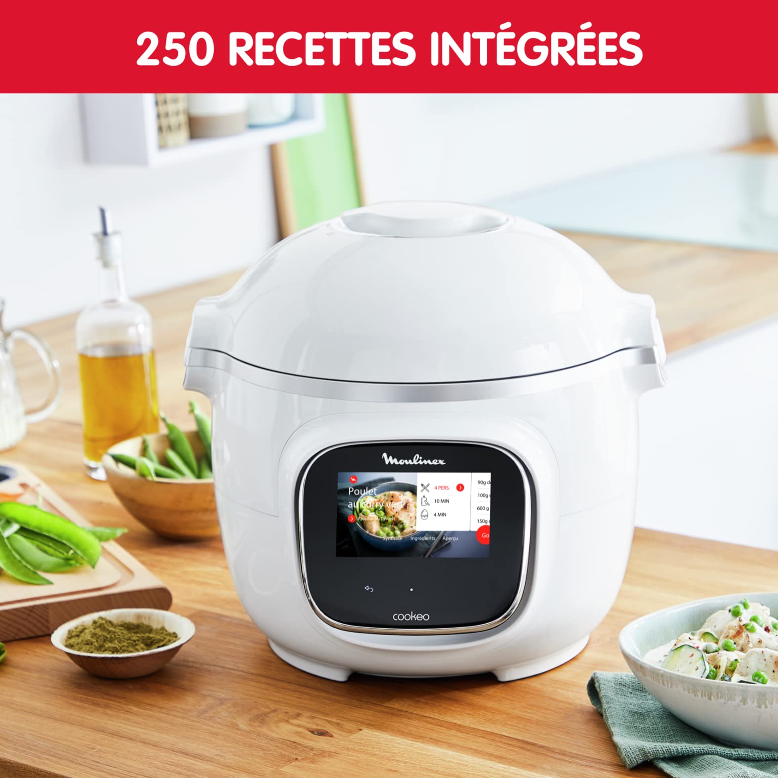 Moulinex Cookeo Touch Multicuiseur intelligent, Cuve 6 L, Haute Pression, Ecran tactile, 13 modes de cuisson, 250 recettes, Application Mon Cookeo, Blanc CE901100