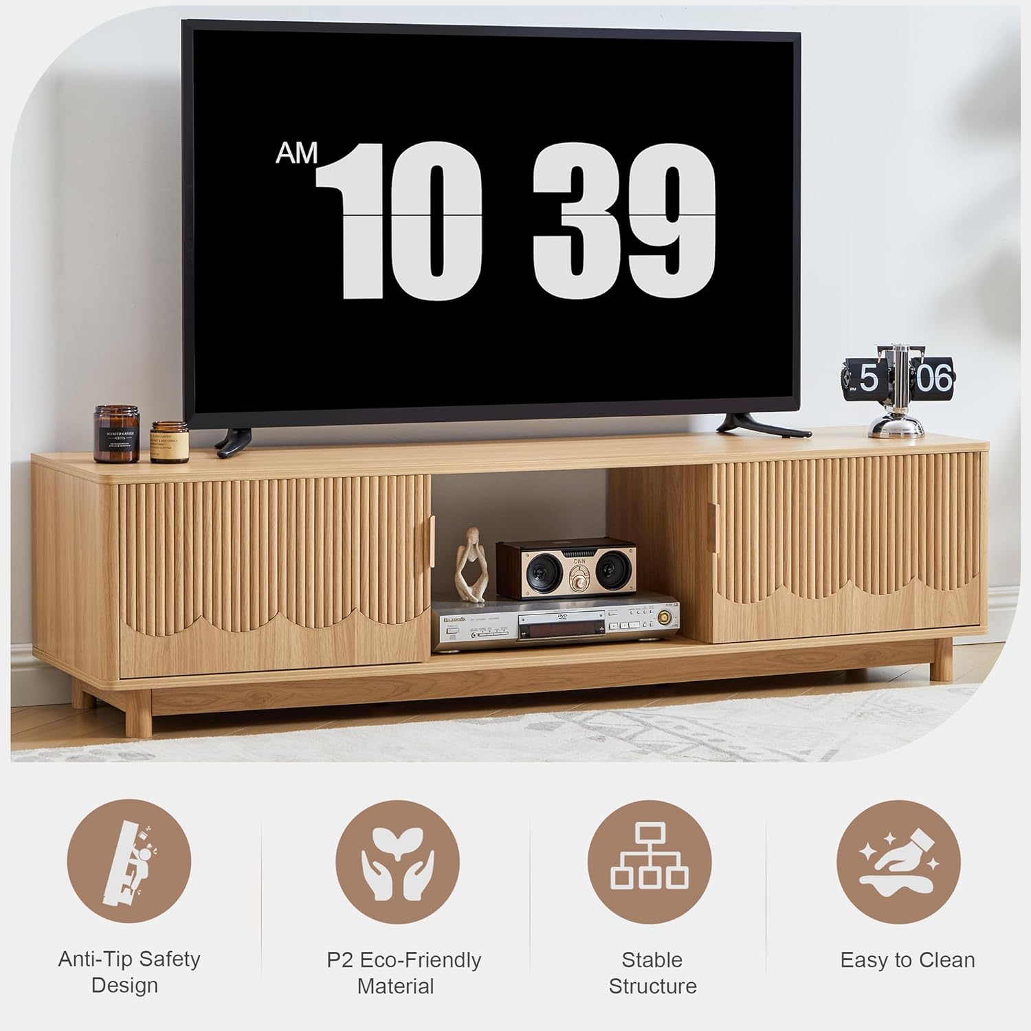 FurSch 62.2” Mid Century Modern Fluted TV Stand, Low Profile TV Stand with Storage, Curved Media Console for Bedroom Living Room (Natural)