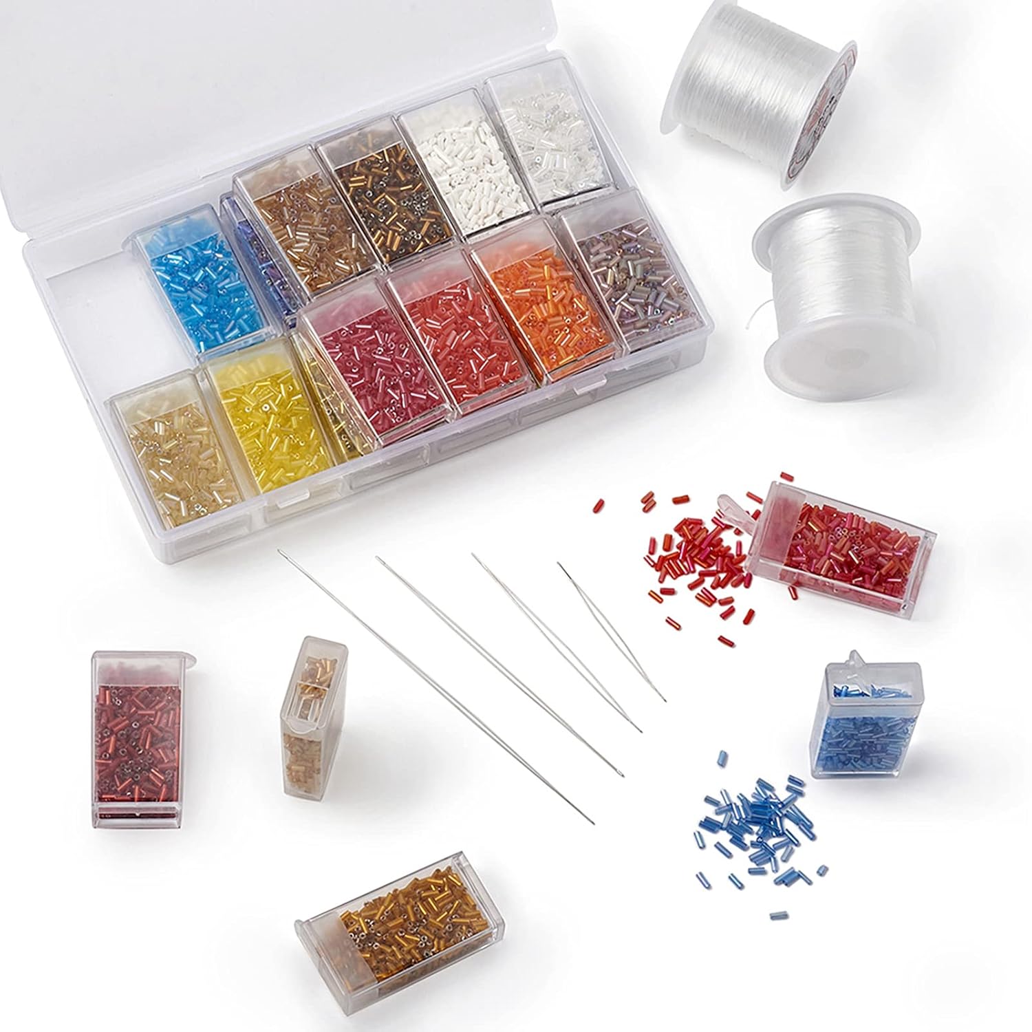 Fashewelry 6400Pcs 24 Colors Glass Bugle Beads 4.6-5mm Mixed Colors Tube Seed Beads Loose Spacer Beads with 4Pcs Big Eye Beading Needles, 2 Rolls 11 Meters Elastic Fibre Wire for Jewelry Making