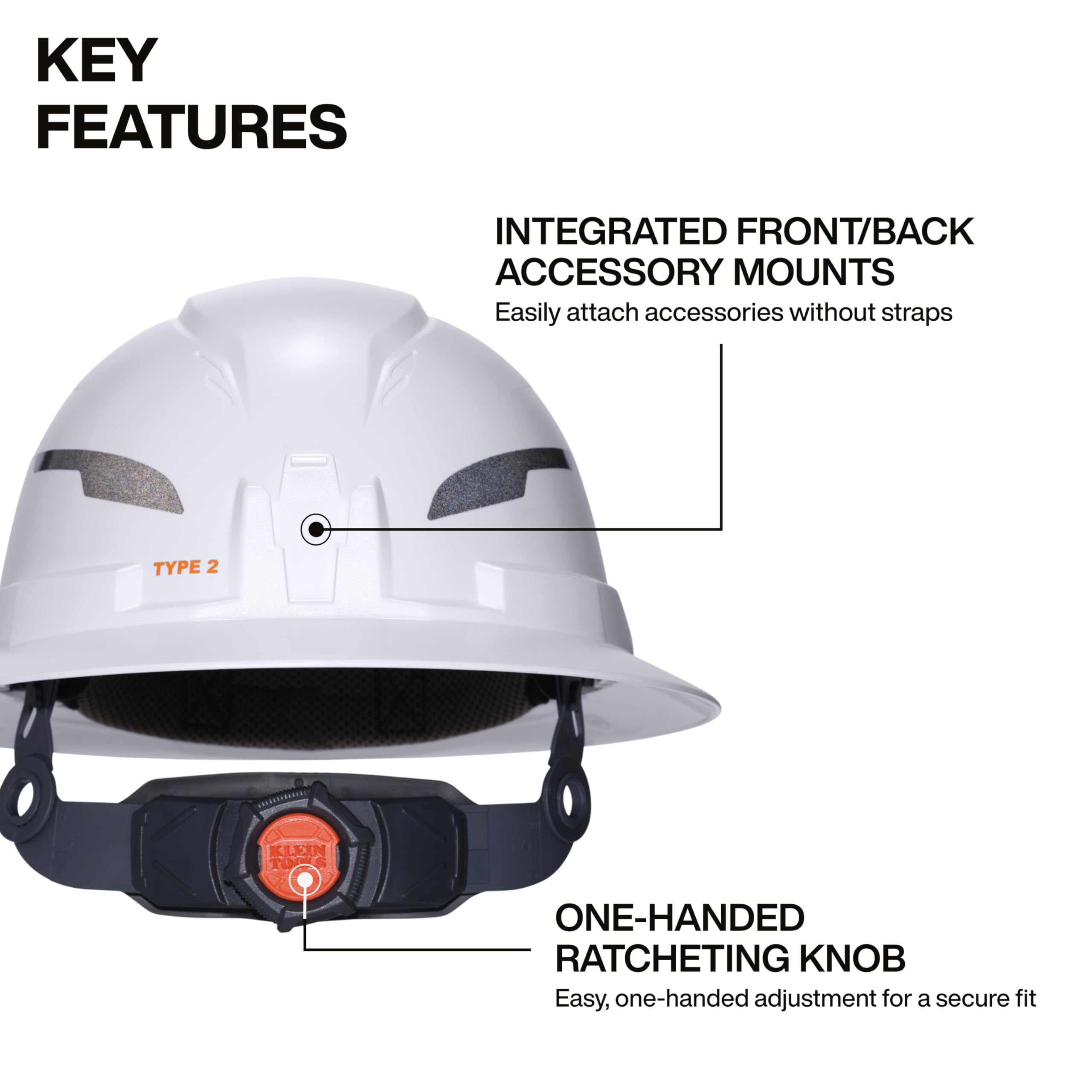 Klein Tools Casco duro tipo 2, ala completa sin ventilación, clase E, suspensión de 6 puntos con soportes de accesorios, acolchado lavable y faro recargable
