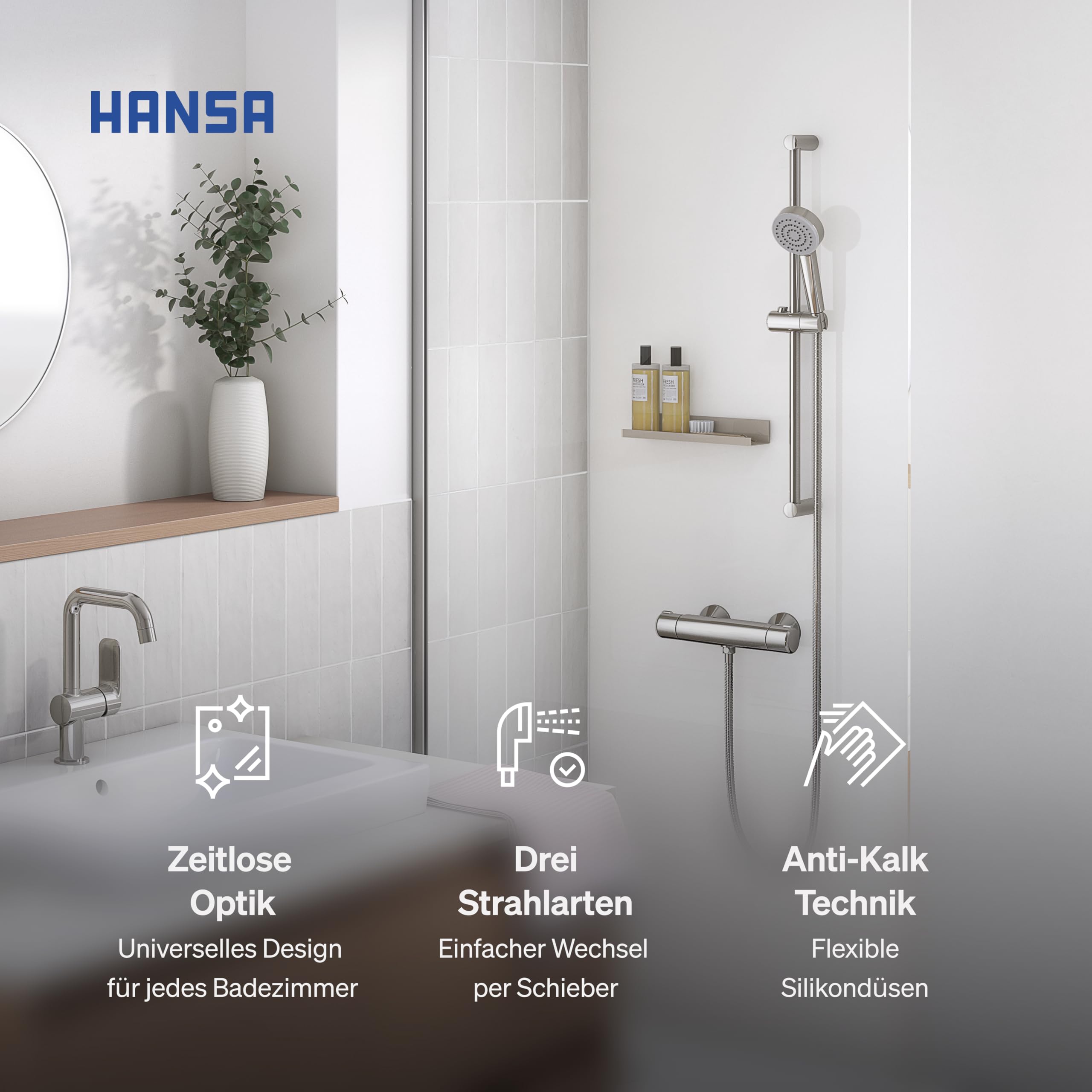 HANSA BASIC Duschgarnitur | Duschkopf mit Schlauch und Duschstange 70cm I Duschbrause mit 3 Strahlarten | Duschschlauch 1500 mm | Mit Duschkopfhalterung I Duschset ohne Armatur | Chrom