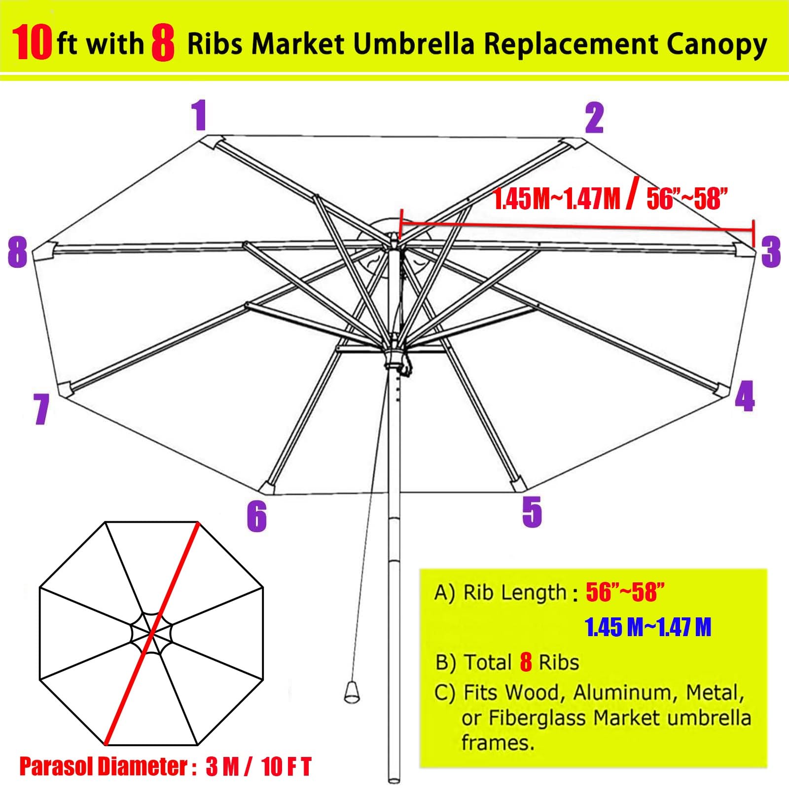 Pokrowiec na parasol ogrodowy, patio, zapasowy pokrowiec na parasol przeciwsłoneczny, zielony, 3 m, 2,7 m, 8 żeber