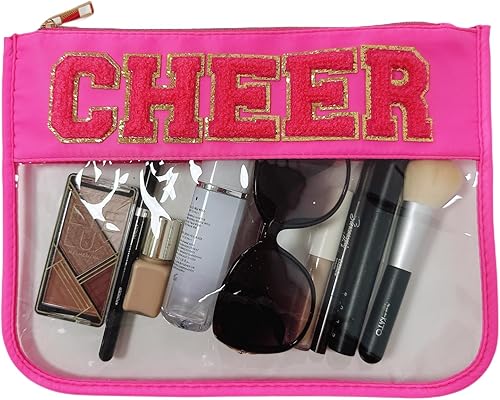 Miniatura 7 de Bolsa Transparente de Maquillaje con Letras de Chenilla con Purpurina, Parche de Letras Universitarias con Cremallera, Neceser de Viaje para Playa,
