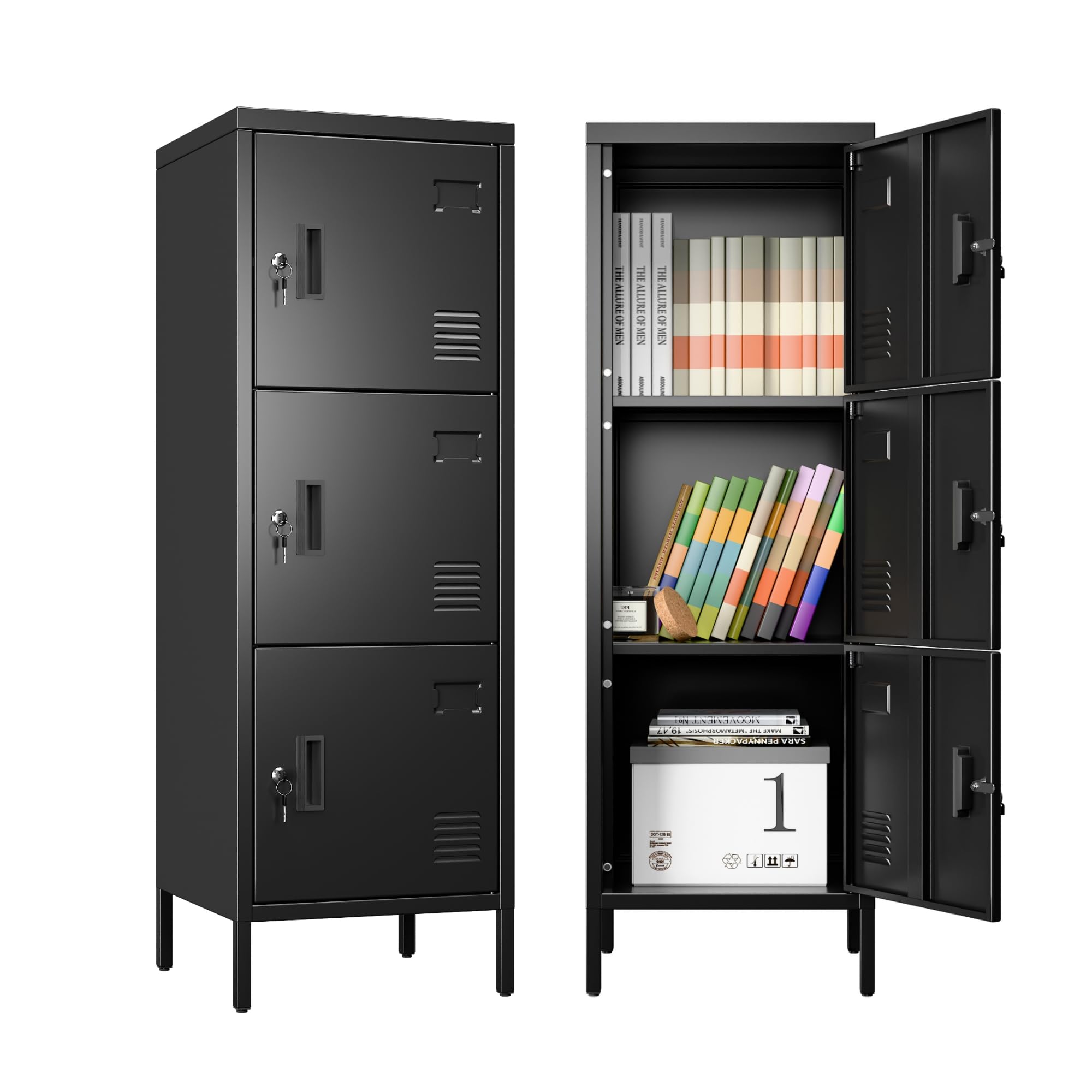 Aobabo 16" W 3 Door Metal Storage Locker with Lock, 47" H Steel Locker with Name Card Holder and Metal Leg for School, Home, Office, Playroom, Assembly Required, Black