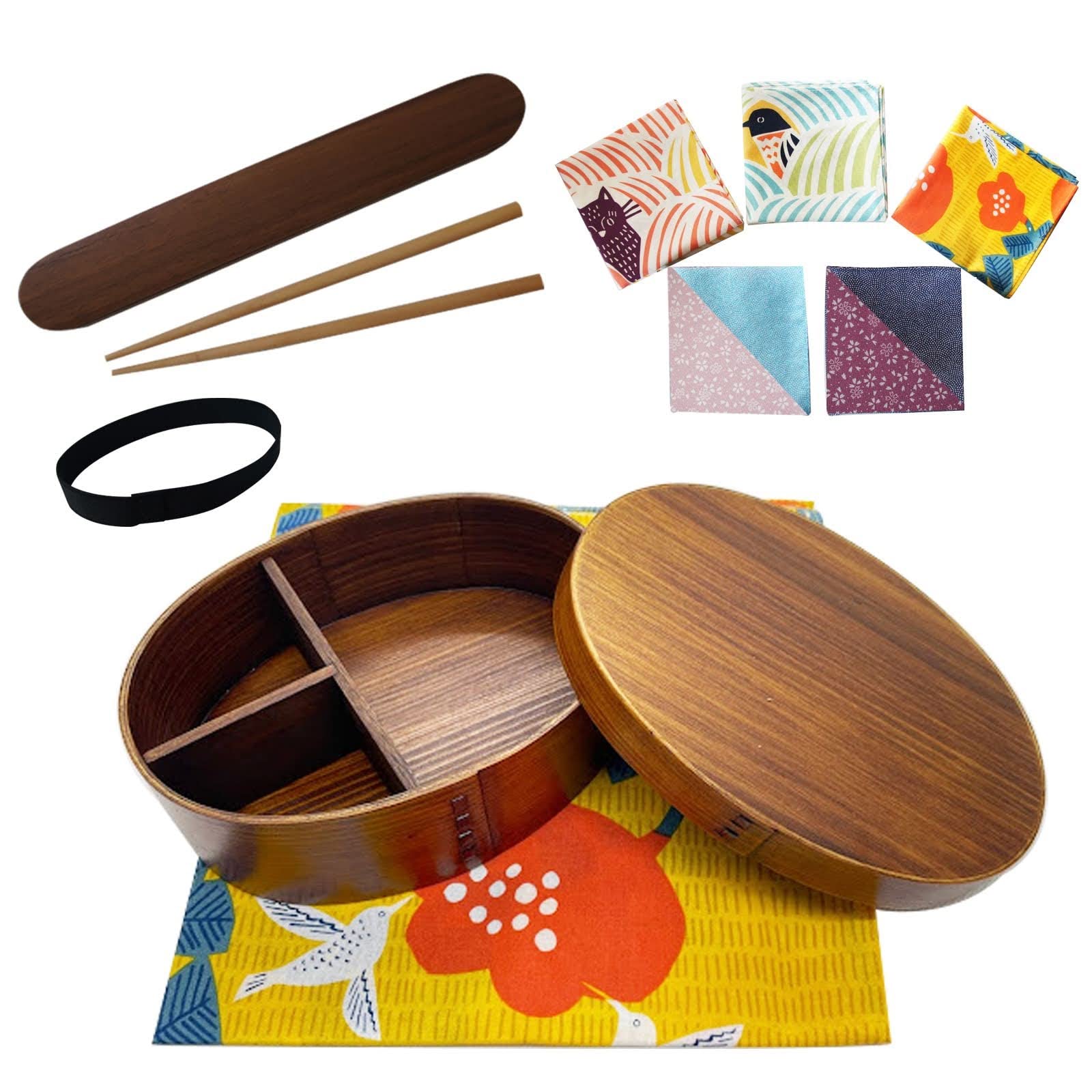 Magewappa Bento Box 24oz Full Set Furoshiki Hummingbird Brown Cedar Japan