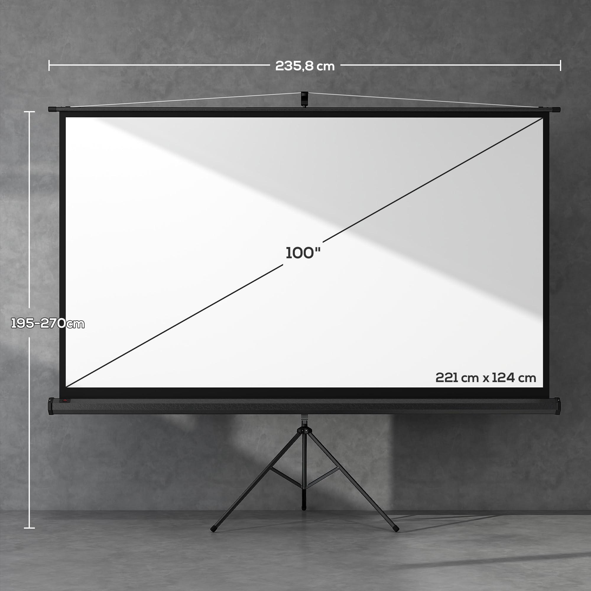 HOMCOM Pantalla de Proyector Manual con Soporte 16:9 100 Pulgadas Negro | 221x124 cm, Pantalla de Proyección Portátil, Altura Ajustable, Interior y Exterior, Eventos Deportivos, Cine en Casa