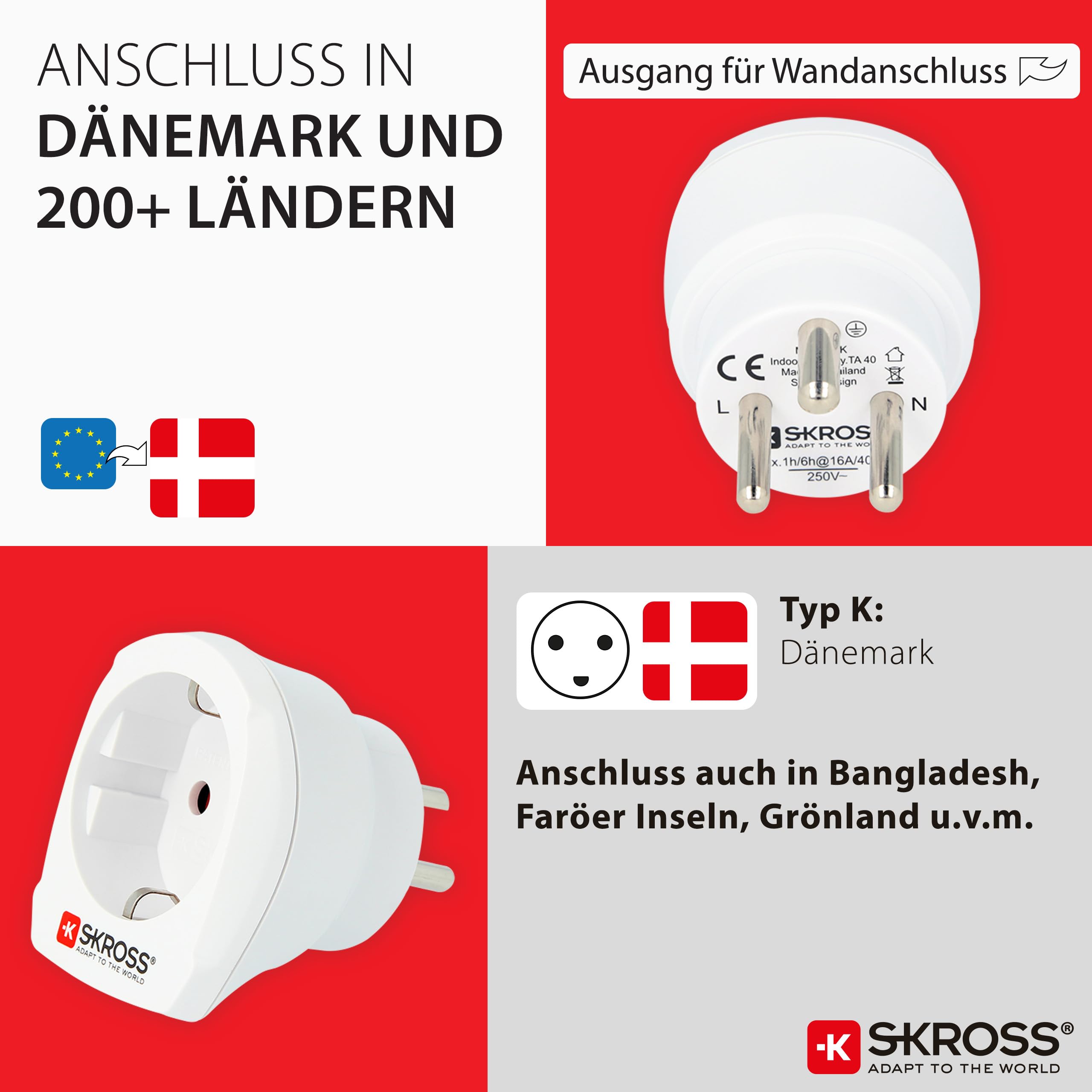 SKROSS Wtyczka podróżna z USB - Niemcy do Danii - adapter podróżny do stosowania urządzeń z wtyczką Schuko lub Euro w Danii