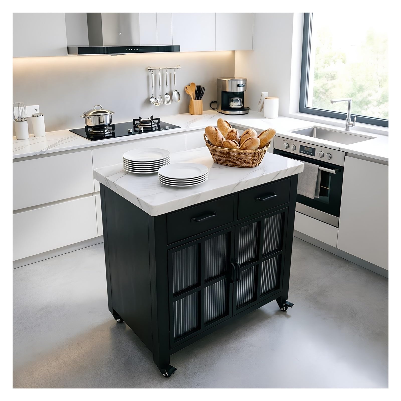 Carrello da cucina Isola Cucina Mobile con Piano in Pietra Sinterizzata, Ante in Vetro Scanalato e 2 Cassetti(M)