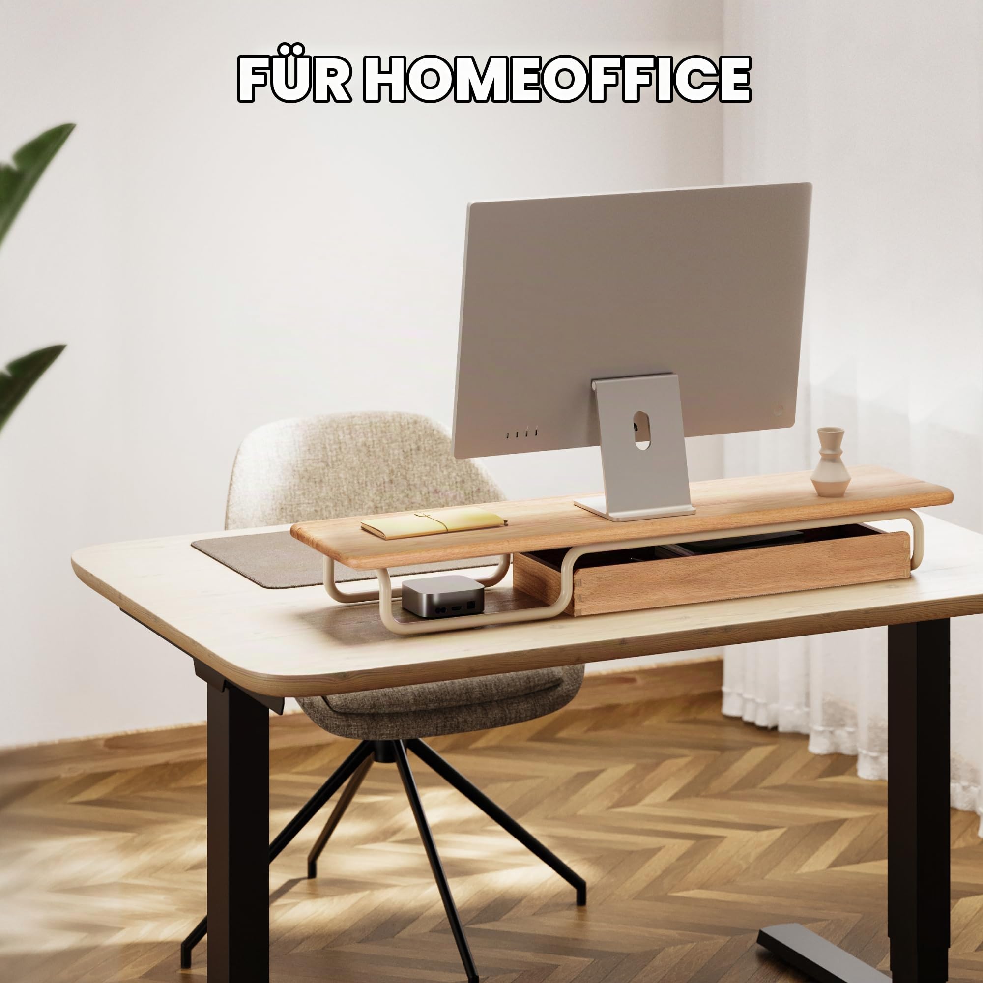 Fenge Monitorständer, 95cm, Massiv-Eiche & Metall, für Laptop PC TV, Eiche