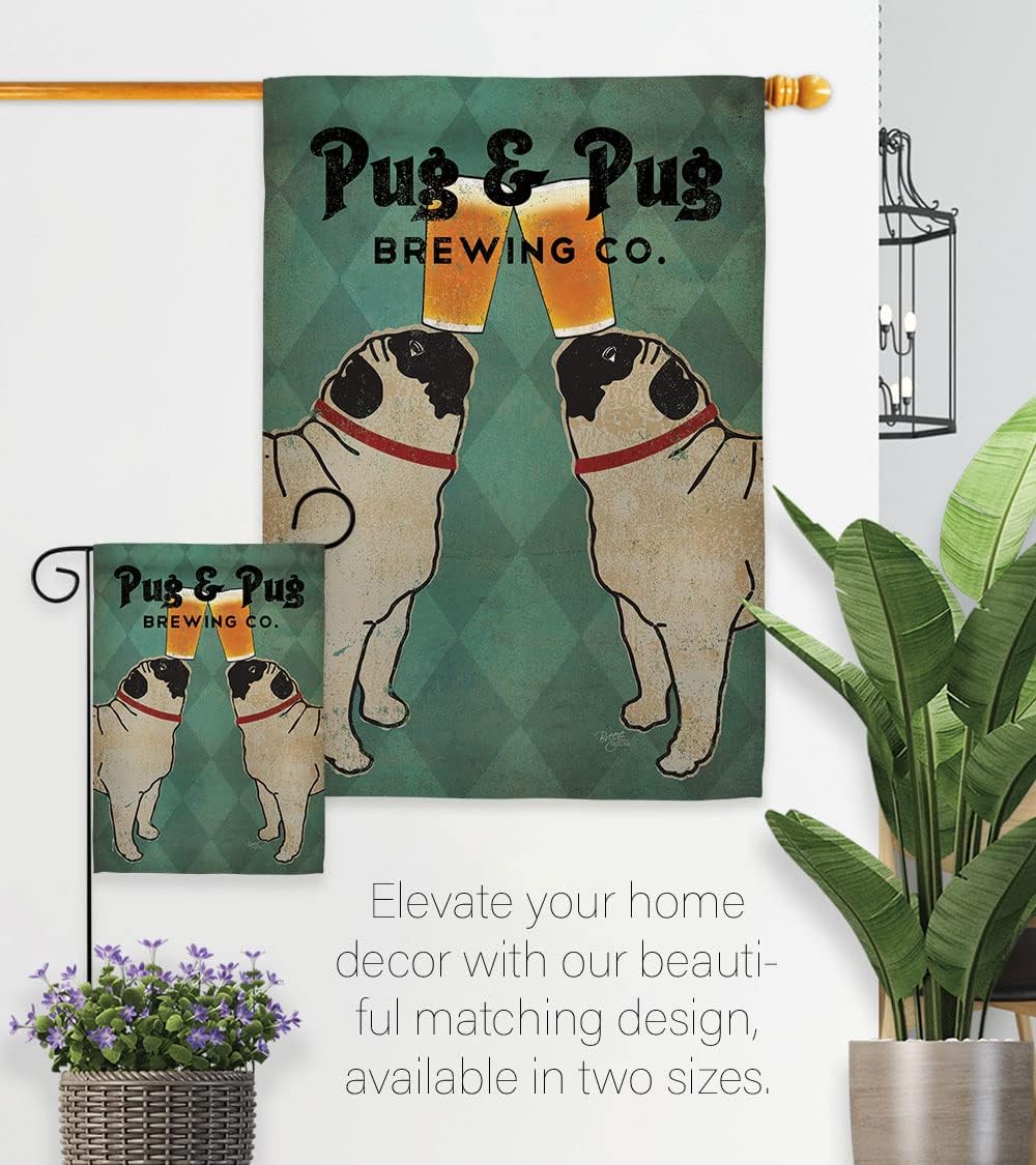 Breeze Decor S110111-BO Pug and Pug Brewing Nature Pets Impressions Decorative Vertical House 28" X 40" Garden 13" X 18.5" Double Sided Flags Set Printed in USA Multi-Color