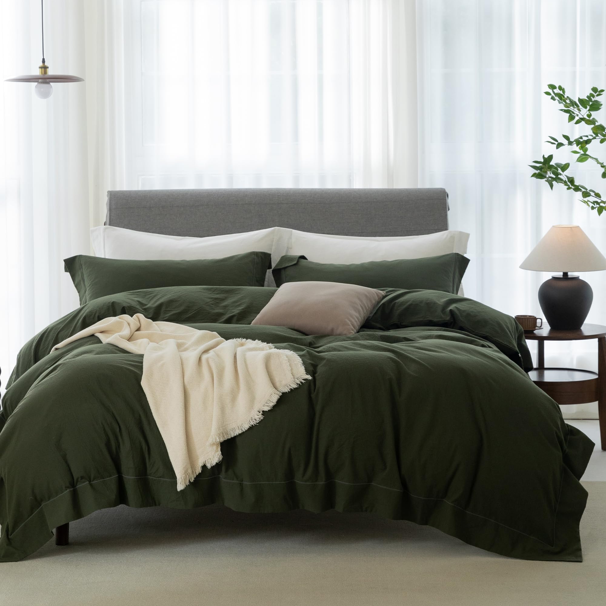 ELIMMO Cooling King Duvet Cover Set 3 Pieces-100% Washed Cotton with Chic Wide Trim Design Linen Like Textured Ultra Soft Cozy Bedding with Zipper Closure(Hemmed Olive Green,King 104