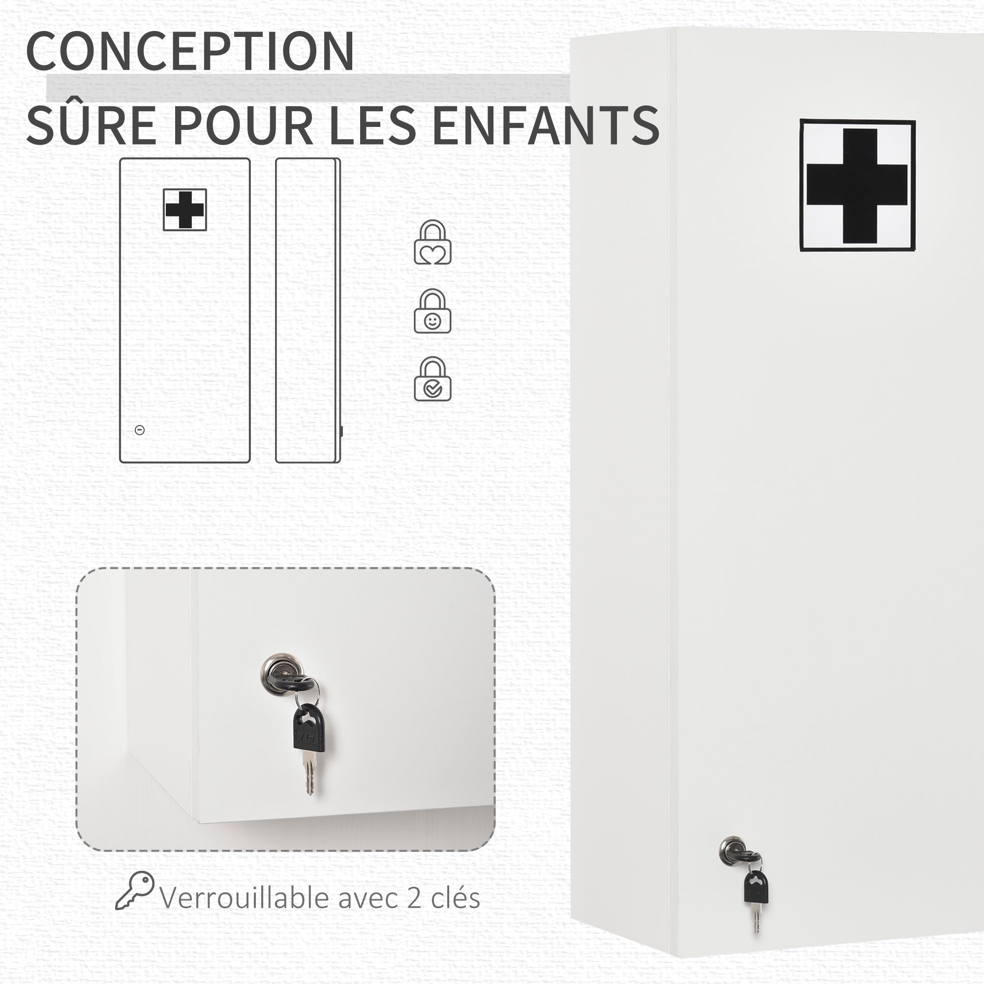 kleankin Armoire à Pharmacie Murale avec Serrure, 5 étagères et tablettes réglables, Bois et Verre, Blanc, 30x20x70cm