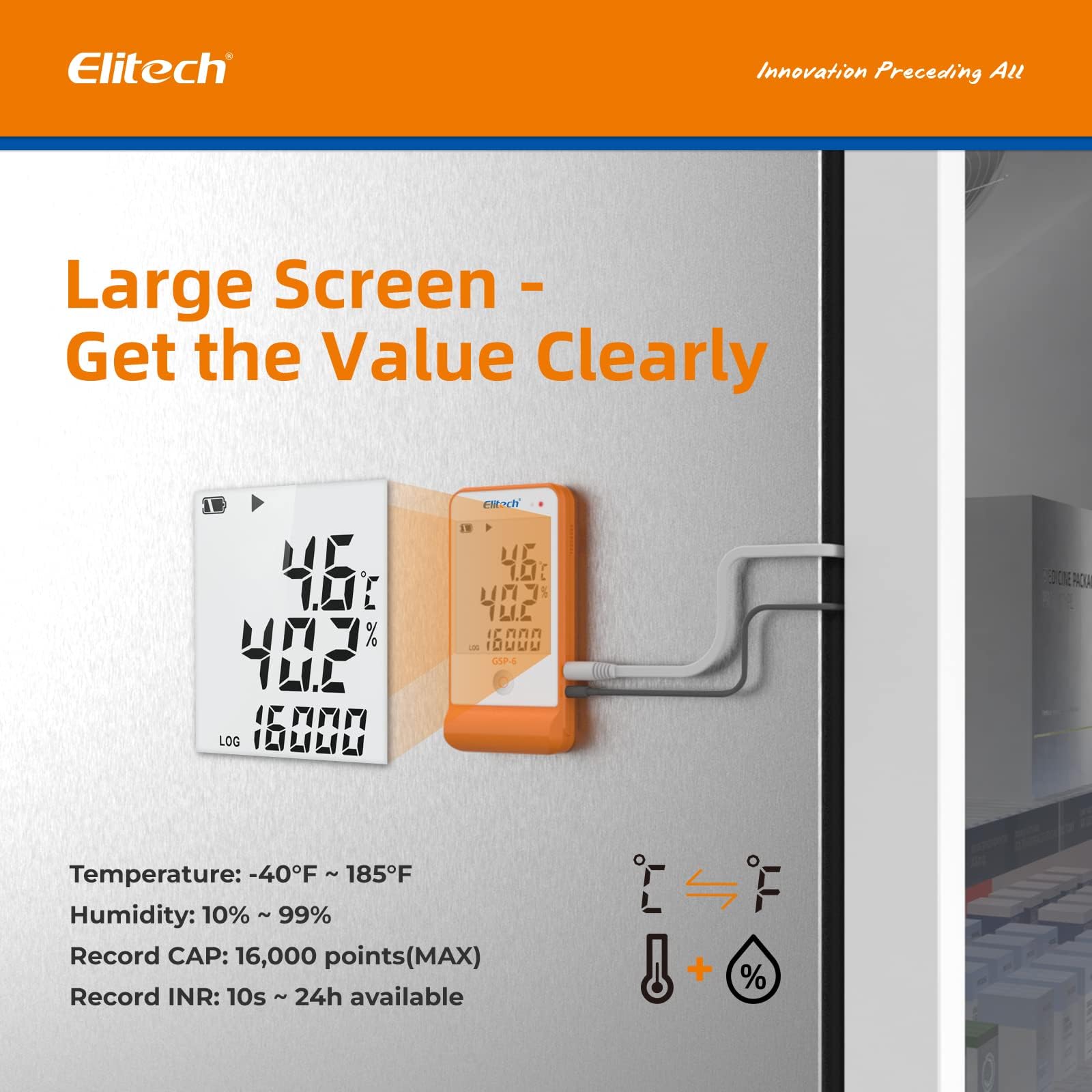 Elitech Dati Logger WiFi per Temperatura e Umidità (-40 ℃ ~ 80 ℃) Monitoraggio Remoto in Tempo Reale Archiviazione Cloud SMS/E-Mail/Allarme Tramite App RCW-800W-THE-V2