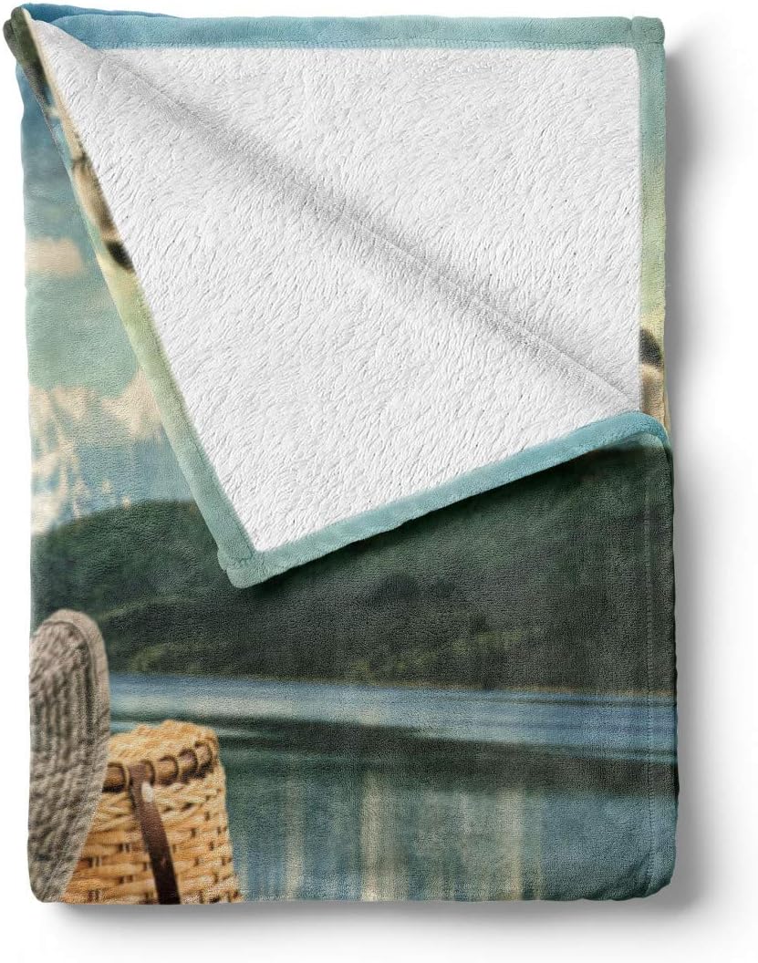 Lunarable Fishing Throw Blanket, Fly Fishing Equipment with Lake and Mountain Scene Hobby Sports Activity, Flannel Fleece Accent Piece Soft Couch Cover for Adults, 70" x 90", Blue Green