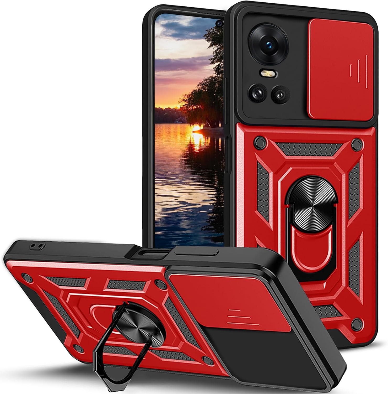 Ysnzaq Case for Oppo Reno 10 /Reno 10 Pro, [Shockproof Protective] [Lens Push Window] Phone Cover with Magnetic Kickstand for Oppo Reno 10 /Reno 10 Pro SJ Red