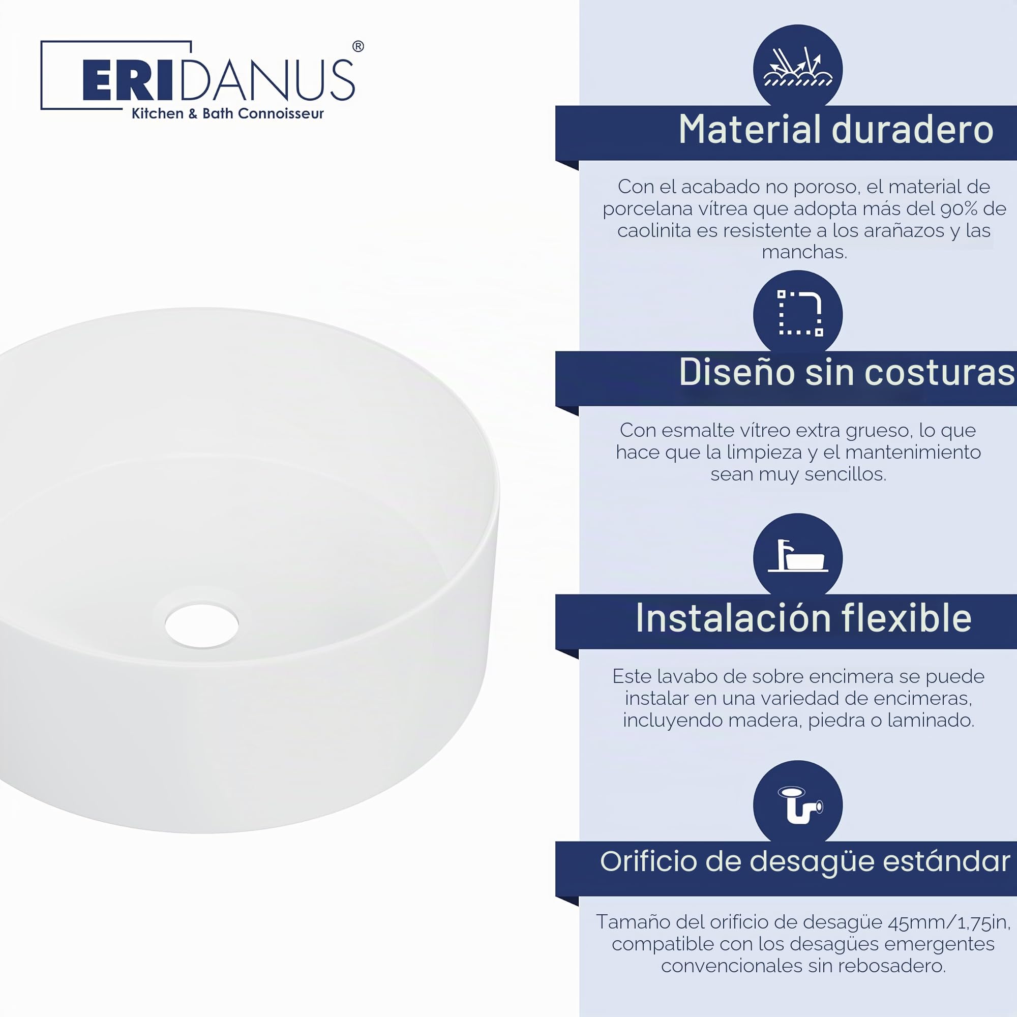 Fregadero redondo de cerámica de Eridanus, lavabo de porcelana vítrea en blanco brillante para uso en encimera, lavabo redondo para tocadores, 415 x 415 x 150 mm